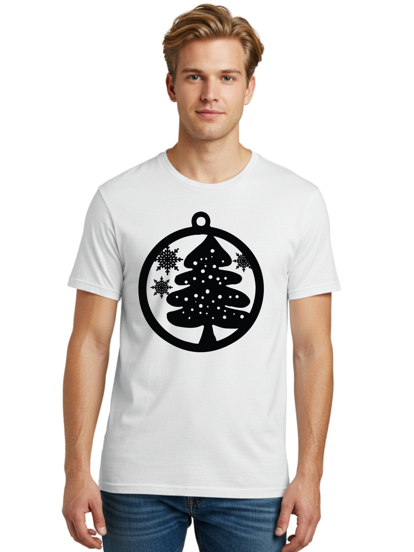 Christmas-Tree-Ornament Men'S Graphic Tee, 100% Cotton, Comfortable Casual Summer Wear, Machine Washable, Christmas Tree Silhouette, Snowflakes, Holiday Decoration, Festive Design, Winter Wonderland, Christmas Ornament, Bauble, Tree Bauble, Aac592 20