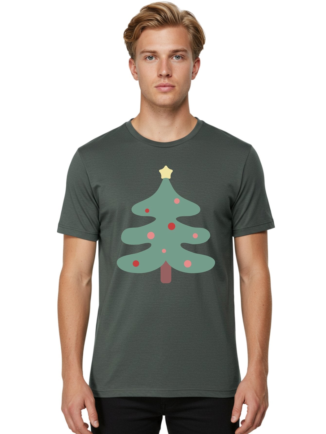 Christmas-Tree Men'S Graphic Tee, 100% Cotton, Comfortable Casual Summer Wear, Machine Washable, Christmas Tree, Festive Decorations, Red Ornaments, Pink Baubles, Star Topper, Holiday Cheer, Winter Wonderland, Cartoon Style, Simple Design, Aac594 18
