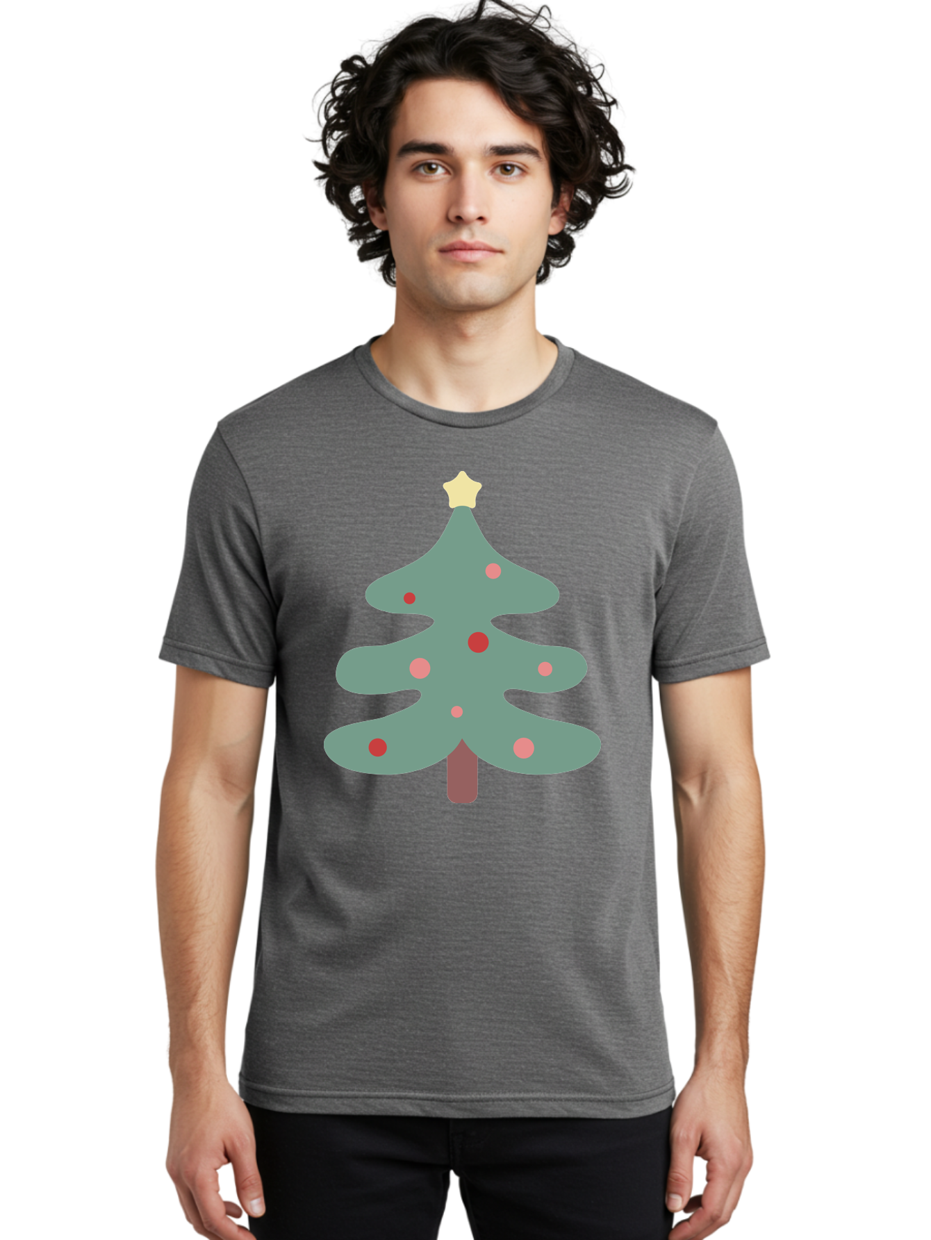 Christmas-Tree Men'S Graphic Tee, 100% Cotton, Comfortable Casual Summer Wear, Machine Washable, Christmas Tree, Festive Decorations, Red Ornaments, Pink Baubles, Star Topper, Holiday Cheer, Winter Wonderland, Cartoon Style, Simple Design, Aac594
