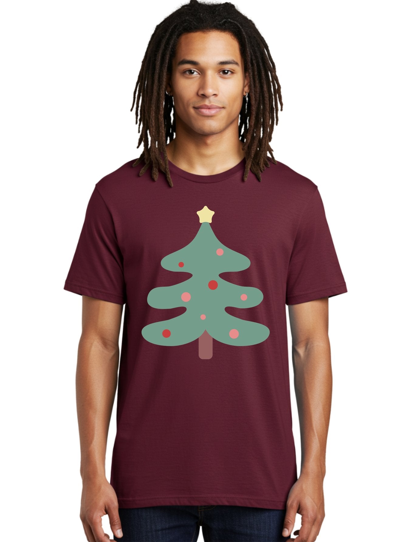 Christmas-Tree Men'S Graphic Tee, 100% Cotton, Comfortable Casual Summer Wear, Machine Washable, Christmas Tree, Festive Decorations, Red Ornaments, Pink Baubles, Star Topper, Holiday Cheer, Winter Wonderland, Cartoon Style, Simple Design, Aac594 29