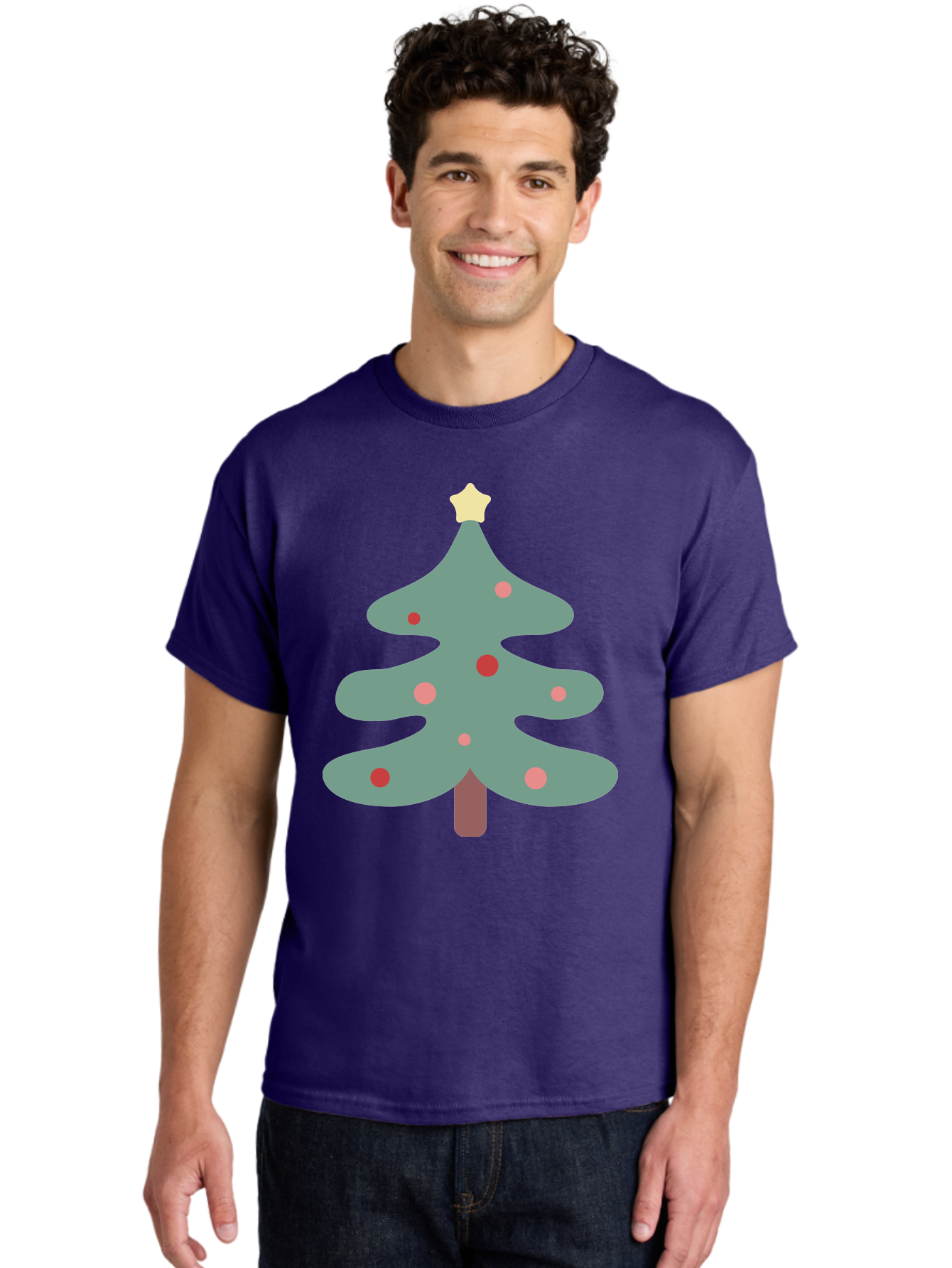 Christmas-Tree Men'S Graphic Tee, 100% Cotton, Comfortable Casual Summer Wear, Machine Washable, Christmas Tree, Festive Decorations, Red Ornaments, Pink Baubles, Star Topper, Holiday Cheer, Winter Wonderland, Cartoon Style, Simple Design, Aac594 16