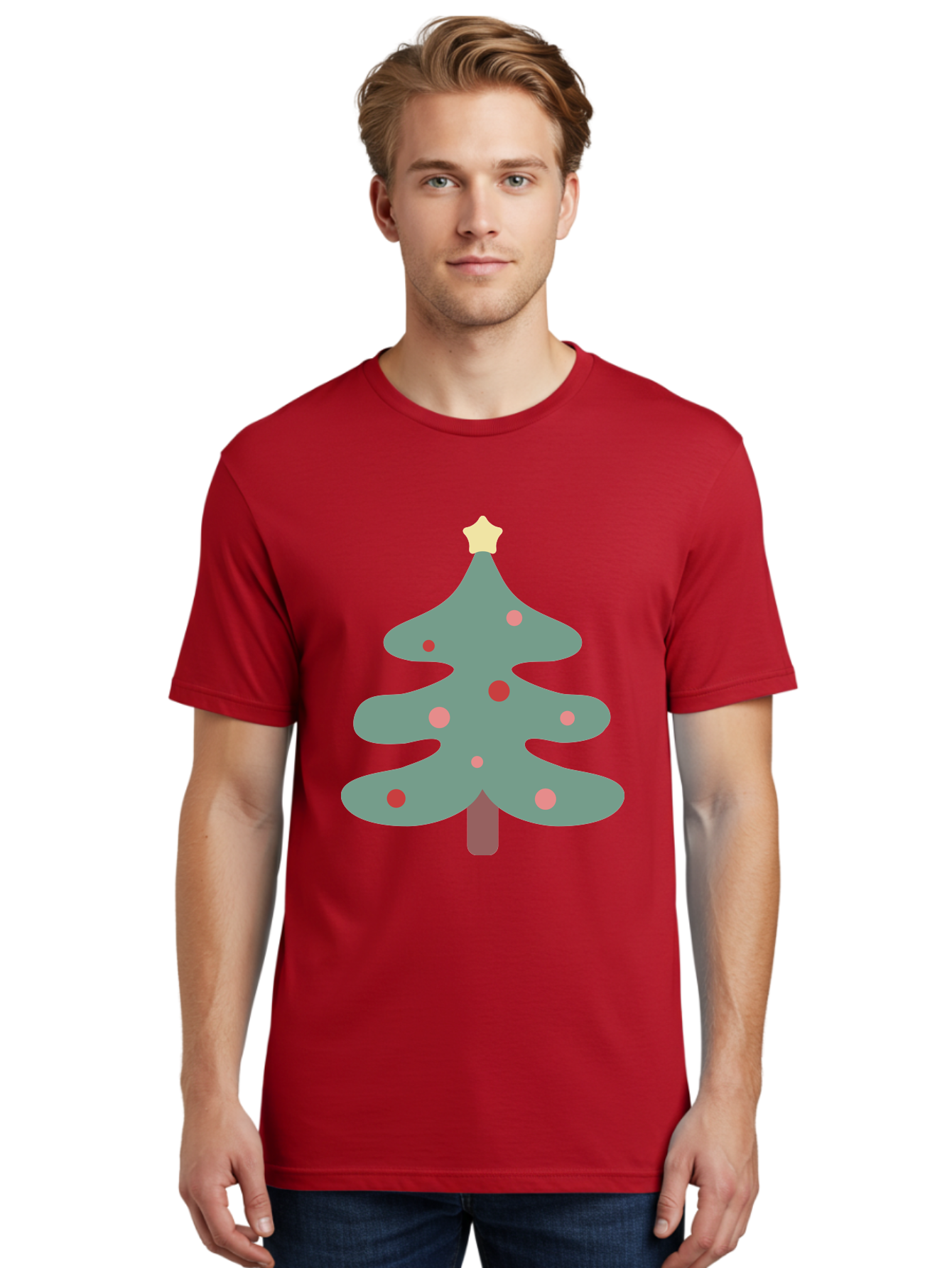 Christmas-Tree Men'S Graphic Tee, 100% Cotton, Comfortable Casual Summer Wear, Machine Washable, Christmas Tree, Festive Decorations, Red Ornaments, Pink Baubles, Star Topper, Holiday Cheer, Winter Wonderland, Cartoon Style, Simple Design, Aac594 28