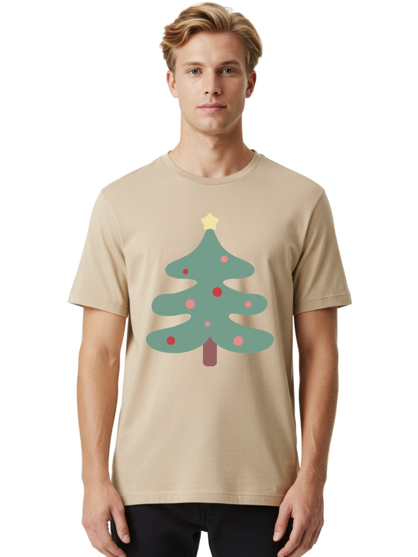 Christmas-Tree Men'S Graphic Tee, 100% Cotton, Comfortable Casual Summer Wear, Machine Washable, Christmas Tree, Festive Decorations, Red Ornaments, Pink Baubles, Star Topper, Holiday Cheer, Winter Wonderland, Cartoon Style, Simple Design, Aac594 26