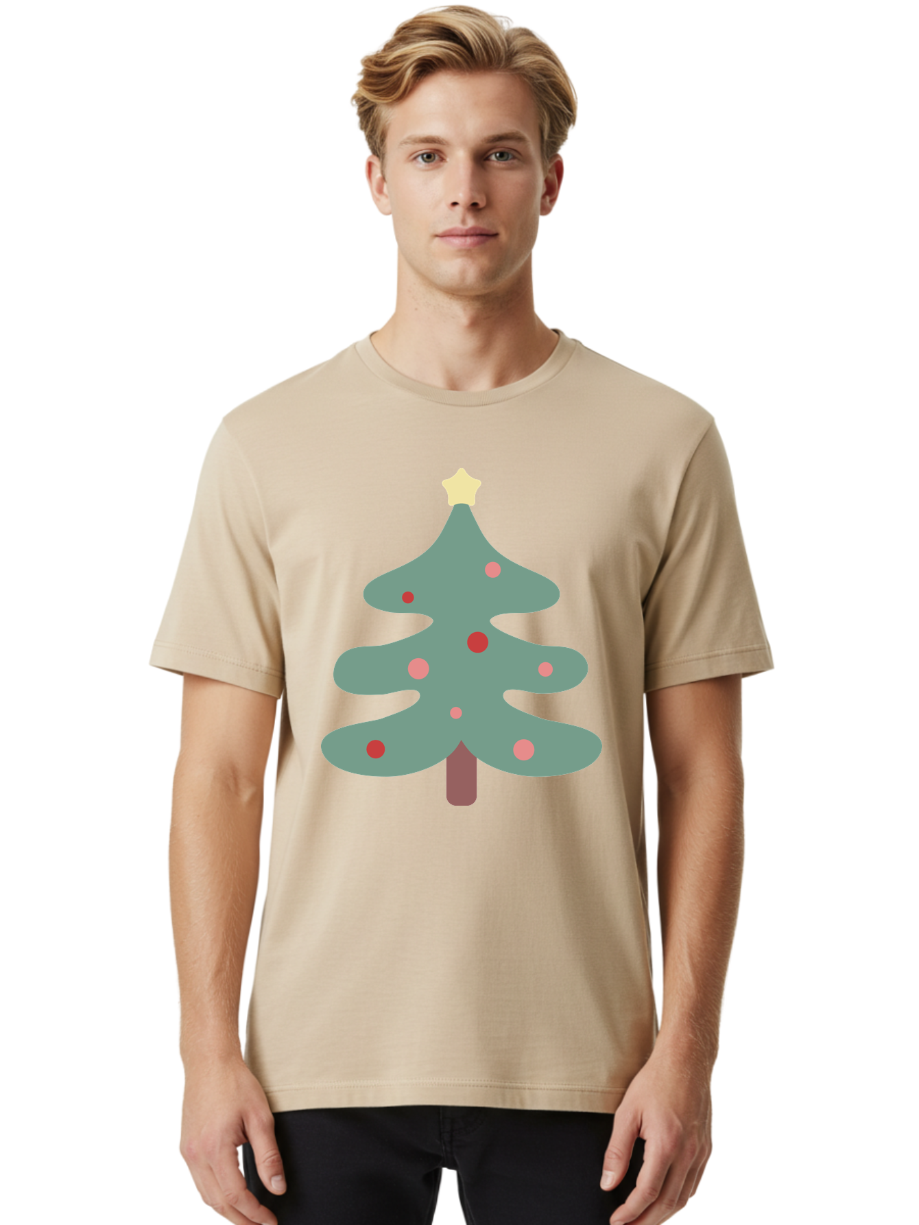Christmas-Tree Men'S Graphic Tee, 100% Cotton, Comfortable Casual Summer Wear, Machine Washable, Christmas Tree, Festive Decorations, Red Ornaments, Pink Baubles, Star Topper, Holiday Cheer, Winter Wonderland, Cartoon Style, Simple Design, Aac594 10
