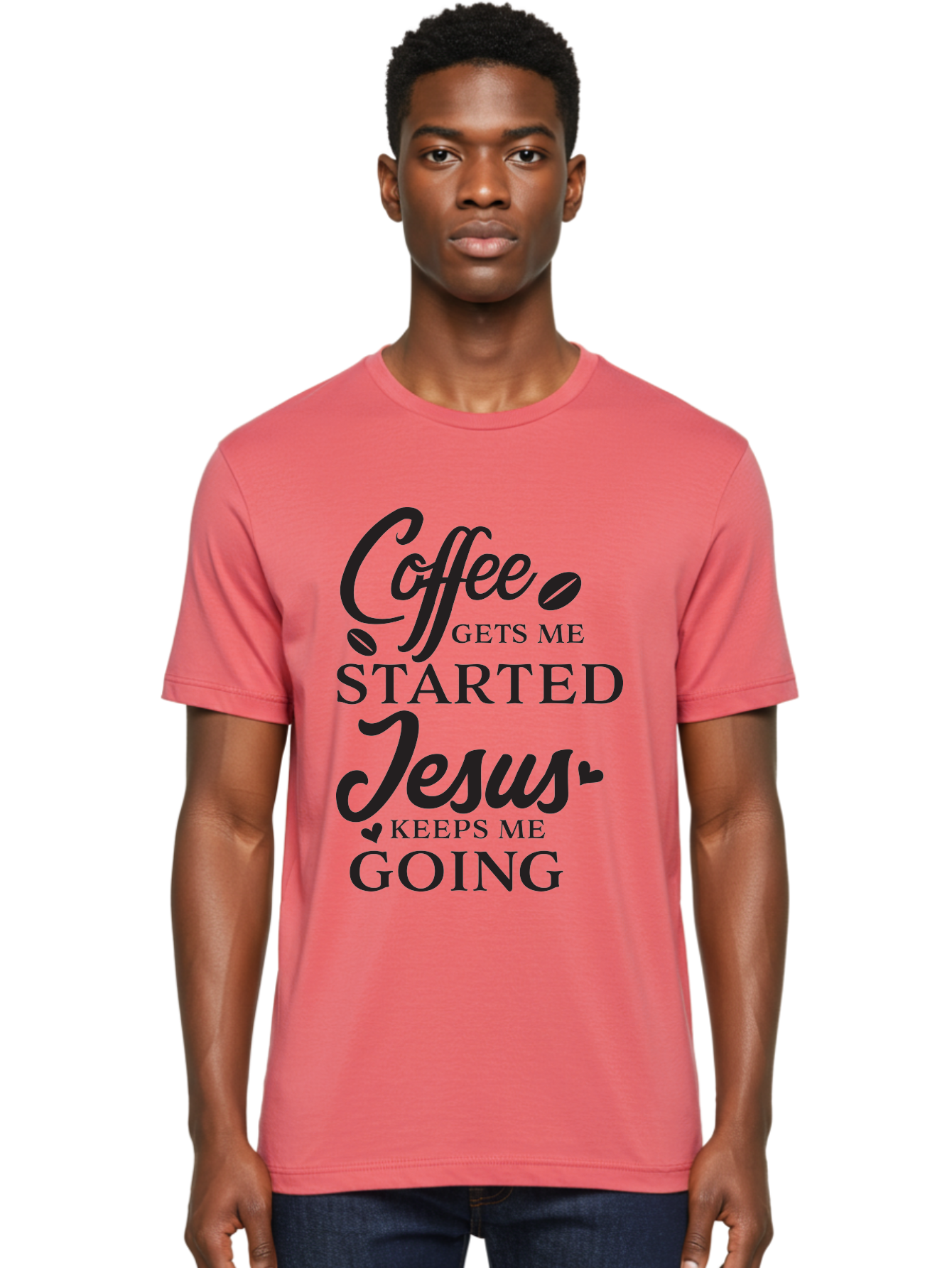 Coffee-Gets-Me-Started-Jesus-Keeps-Me-Going Men'S Graphic Tee, 100% Cotton, Comfortable Casual Summer Wear, Machine Washable, Coffee Quote, Inspirational Quote, Faith And Coffee, Motivational Saying, Christian Quote, Coffee Lover, Jesus Quote, Aac600 8