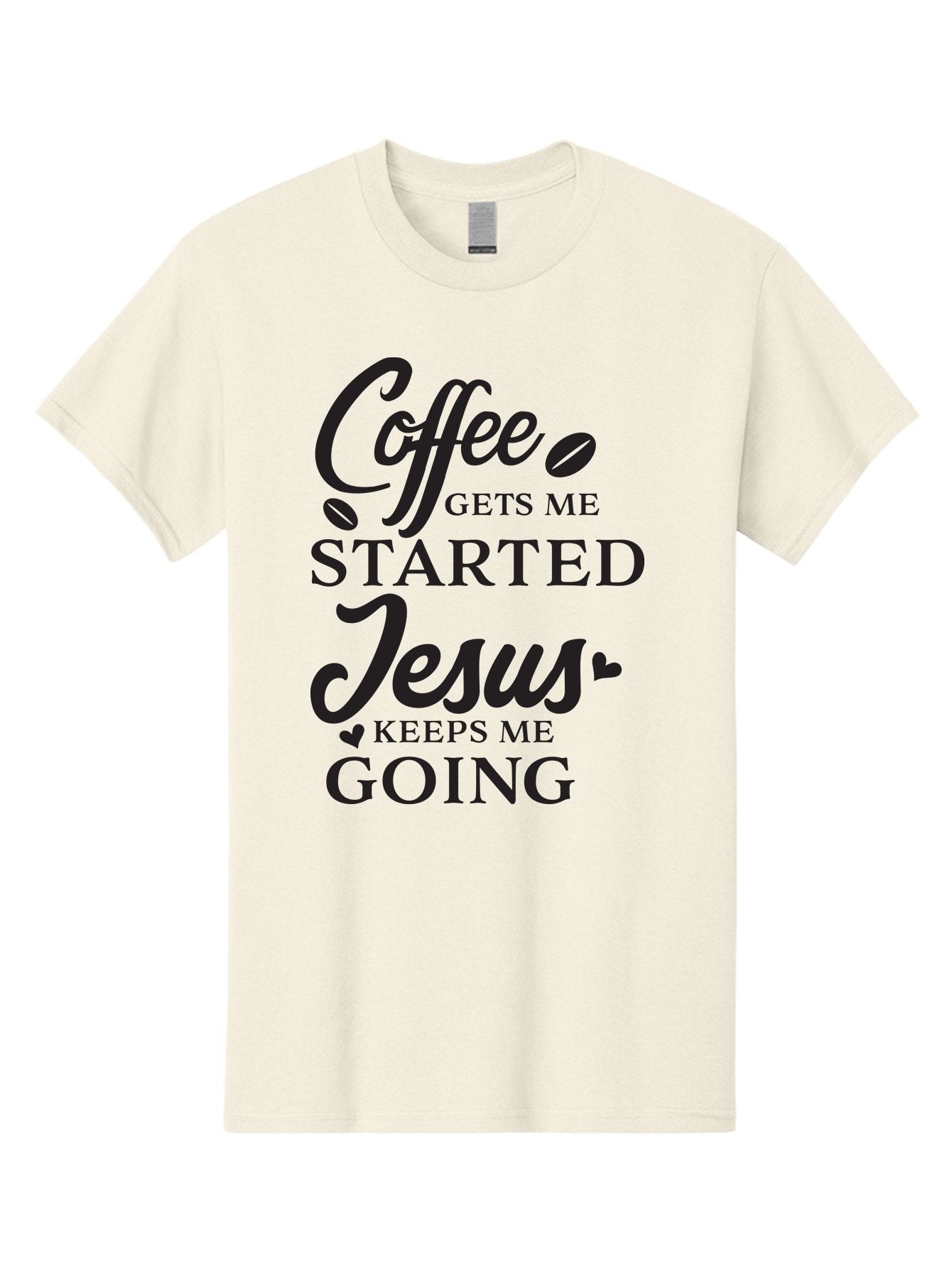 Coffee-Gets-Me-Started-Jesus-Keeps-Me-Going Men'S Graphic Tee, 100% Cotton, Comfortable Casual Summer Wear, Machine Washable, Coffee Quote, Inspirational Quote, Faith And Coffee, Motivational Saying, Christian Quote, Coffee Lover, Jesus Quote, Aac600