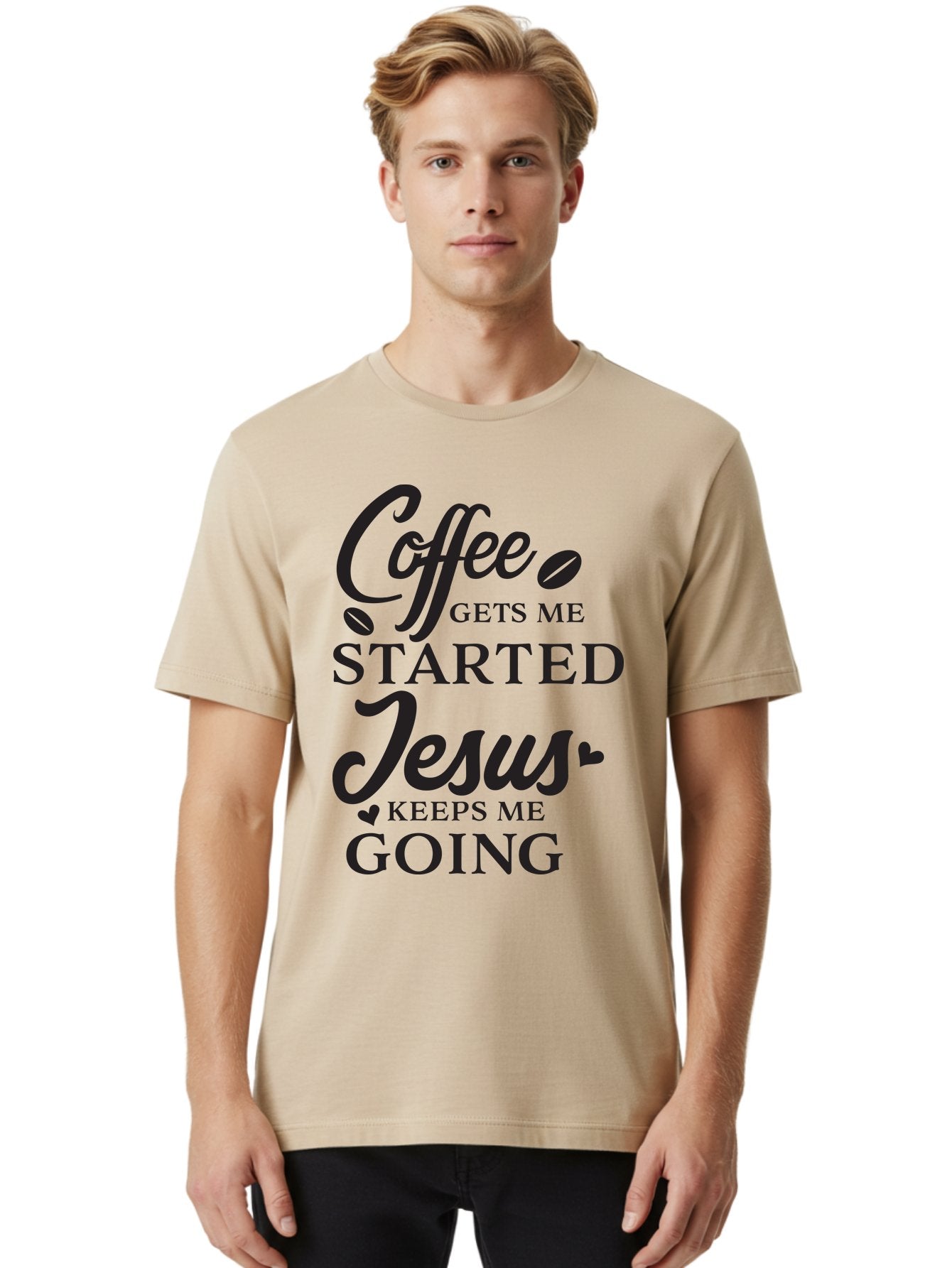 Coffee-Gets-Me-Started-Jesus-Keeps-Me-Going Men'S Graphic Tee, 100% Cotton, Comfortable Casual Summer Wear, Machine Washable, Coffee Quote, Inspirational Quote, Faith And Coffee, Motivational Saying, Christian Quote, Coffee Lover, Jesus Quote, Aac600 25
