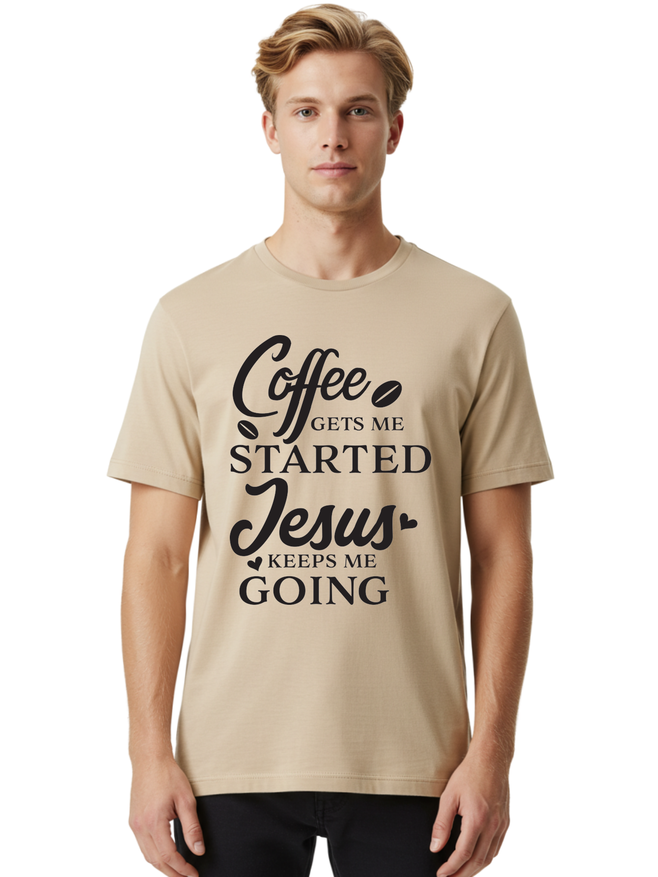 Coffee-Gets-Me-Started-Jesus-Keeps-Me-Going Men'S Graphic Tee, 100% Cotton, Comfortable Casual Summer Wear, Machine Washable, Coffee Quote, Inspirational Quote, Faith And Coffee, Motivational Saying, Christian Quote, Coffee Lover, Jesus Quote, Aac600 12