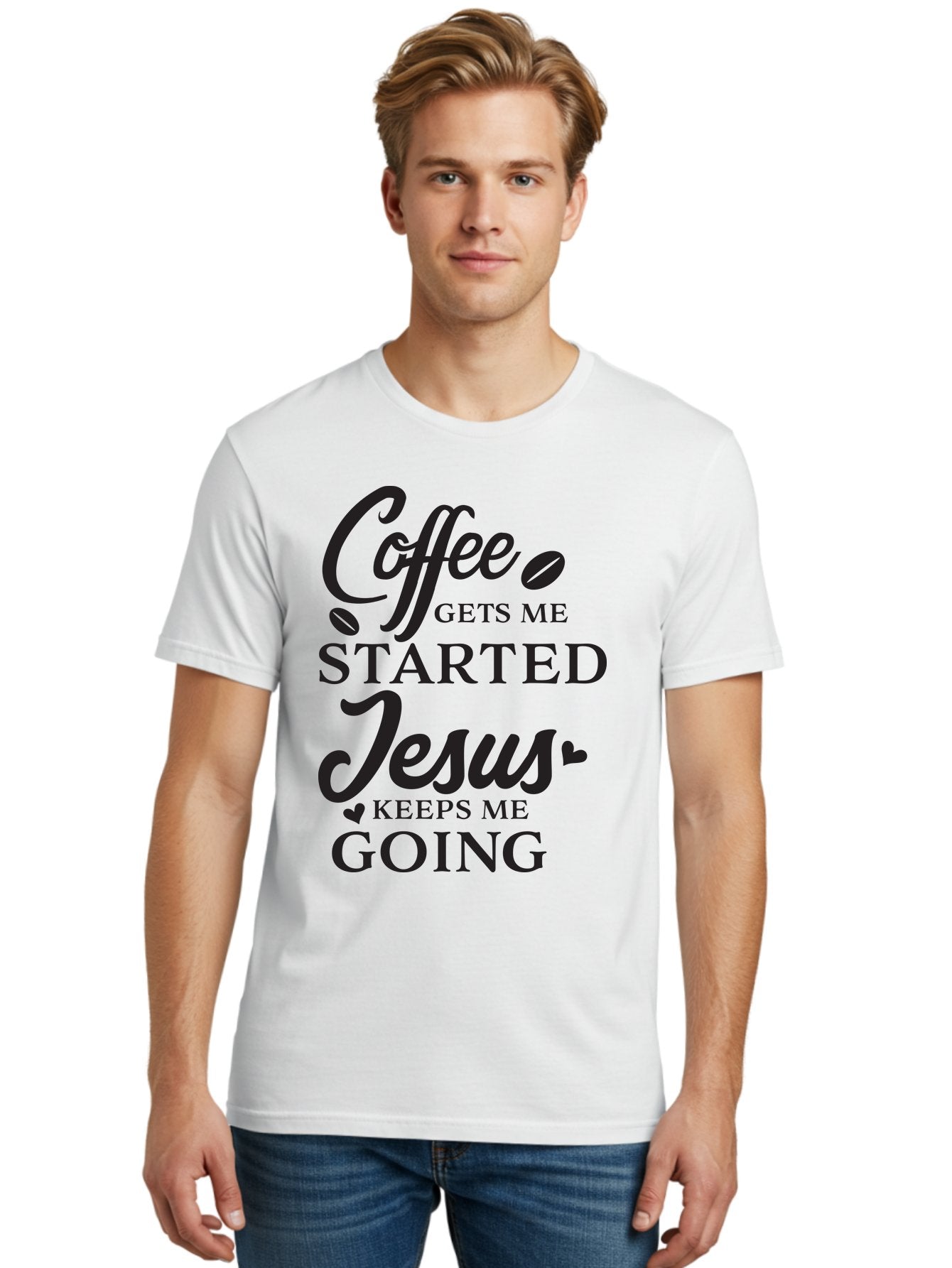 Coffee-Gets-Me-Started-Jesus-Keeps-Me-Going Men'S Graphic Tee, 100% Cotton, Comfortable Casual Summer Wear, Machine Washable, Coffee Quote, Inspirational Quote, Faith And Coffee, Motivational Saying, Christian Quote, Coffee Lover, Jesus Quote, Aac600 29