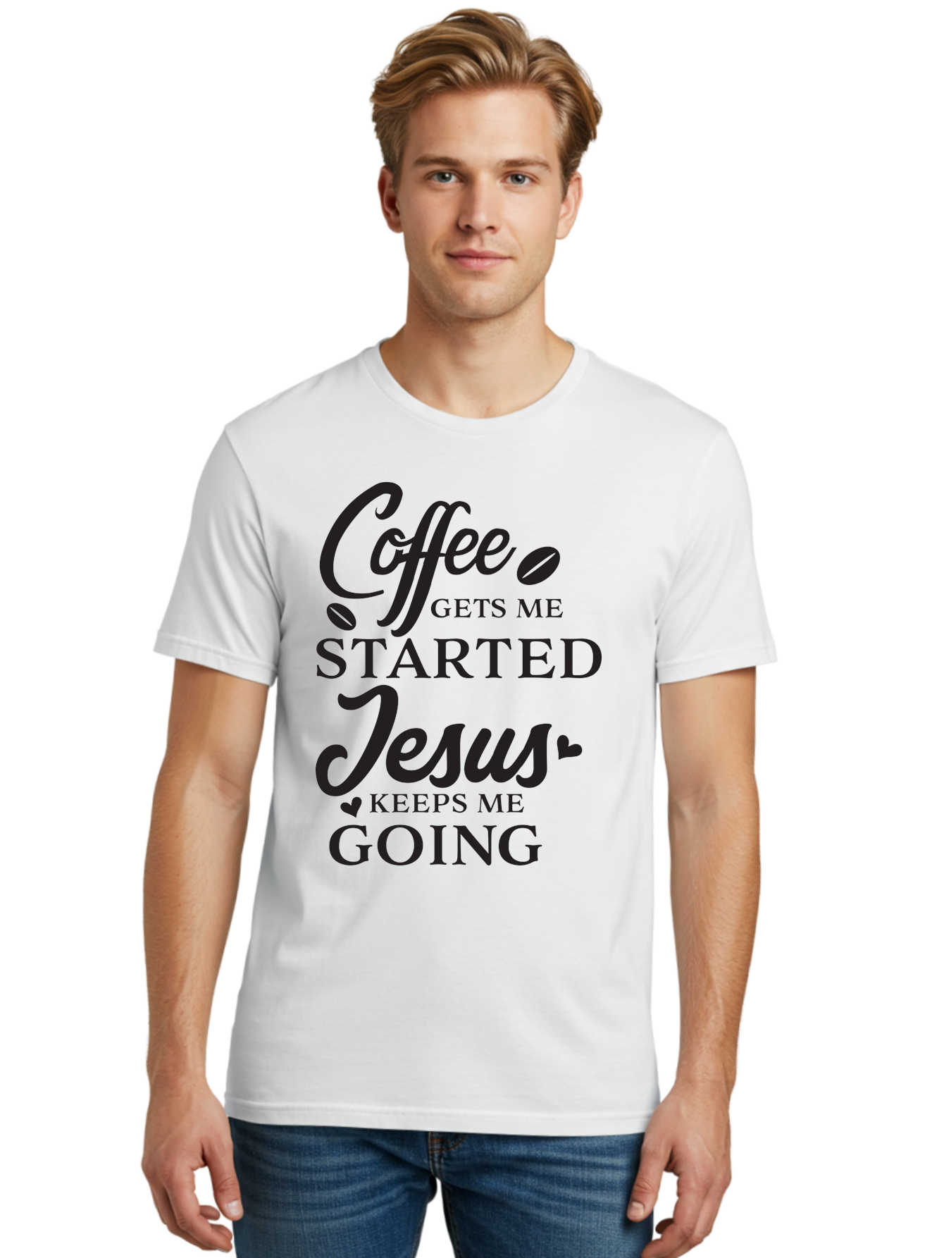 Coffee-Gets-Me-Started-Jesus-Keeps-Me-Going Men'S Graphic Tee, 100% Cotton, Comfortable Casual Summer Wear, Machine Washable, Coffee Quote, Inspirational Quote, Faith And Coffee, Motivational Saying, Christian Quote, Coffee Lover, Jesus Quote, Aac600 4