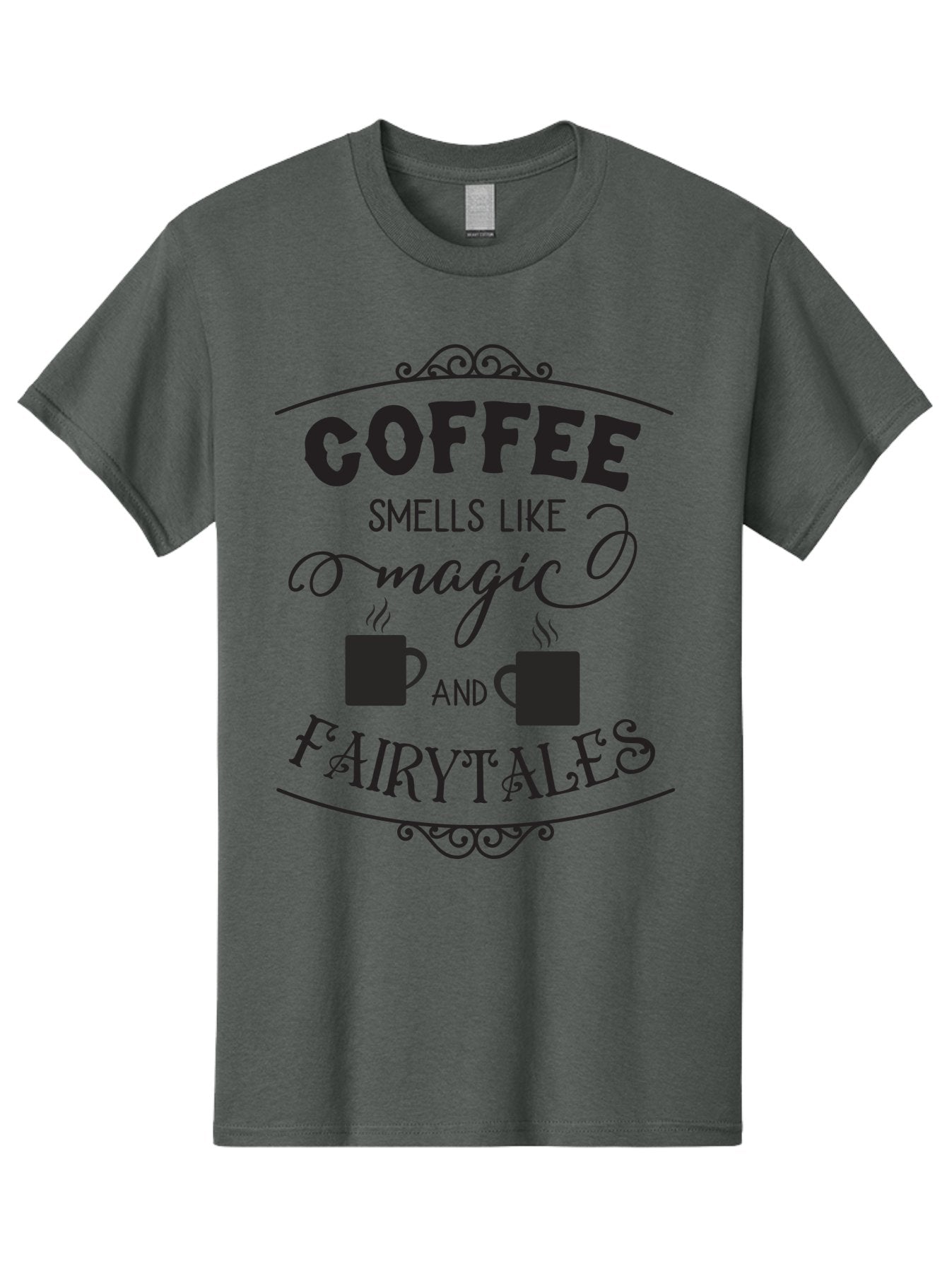 Coffee-Smells-Like-Magic-And-Fairytales Men'S Graphic Tee, 100% Cotton, Comfortable Casual Summer Wear, Machine Washable, Coffee Quote, Coffee Saying, Magic And Fairytale, Coffee Lovers, Whimsical Design, Steaming Coffee Cups, Aac605 15