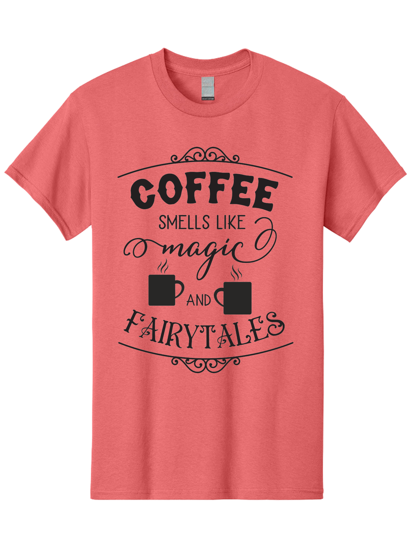 Coffee-Smells-Like-Magic-And-Fairytales Men'S Graphic Tee, 100% Cotton, Comfortable Casual Summer Wear, Machine Washable, Coffee Quote, Coffee Saying, Magic And Fairytale, Coffee Lovers, Whimsical Design, Steaming Coffee Cups, Aac605 11