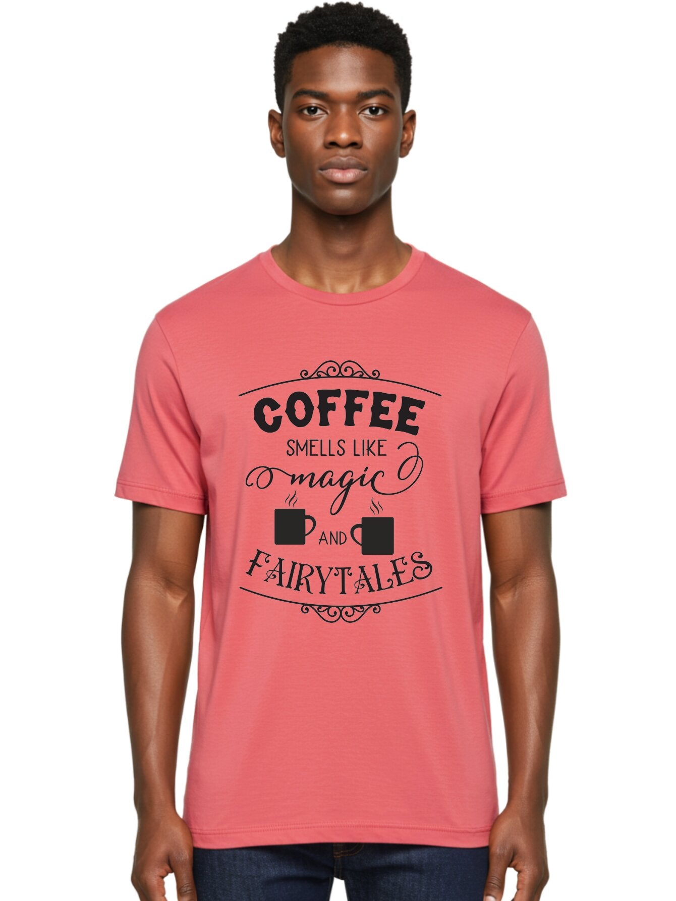 Coffee-Smells-Like-Magic-And-Fairytales Men'S Graphic Tee, 100% Cotton, Comfortable Casual Summer Wear, Machine Washable, Coffee Quote, Coffee Saying, Magic And Fairytale, Coffee Lovers, Whimsical Design, Steaming Coffee Cups, Aac605 25