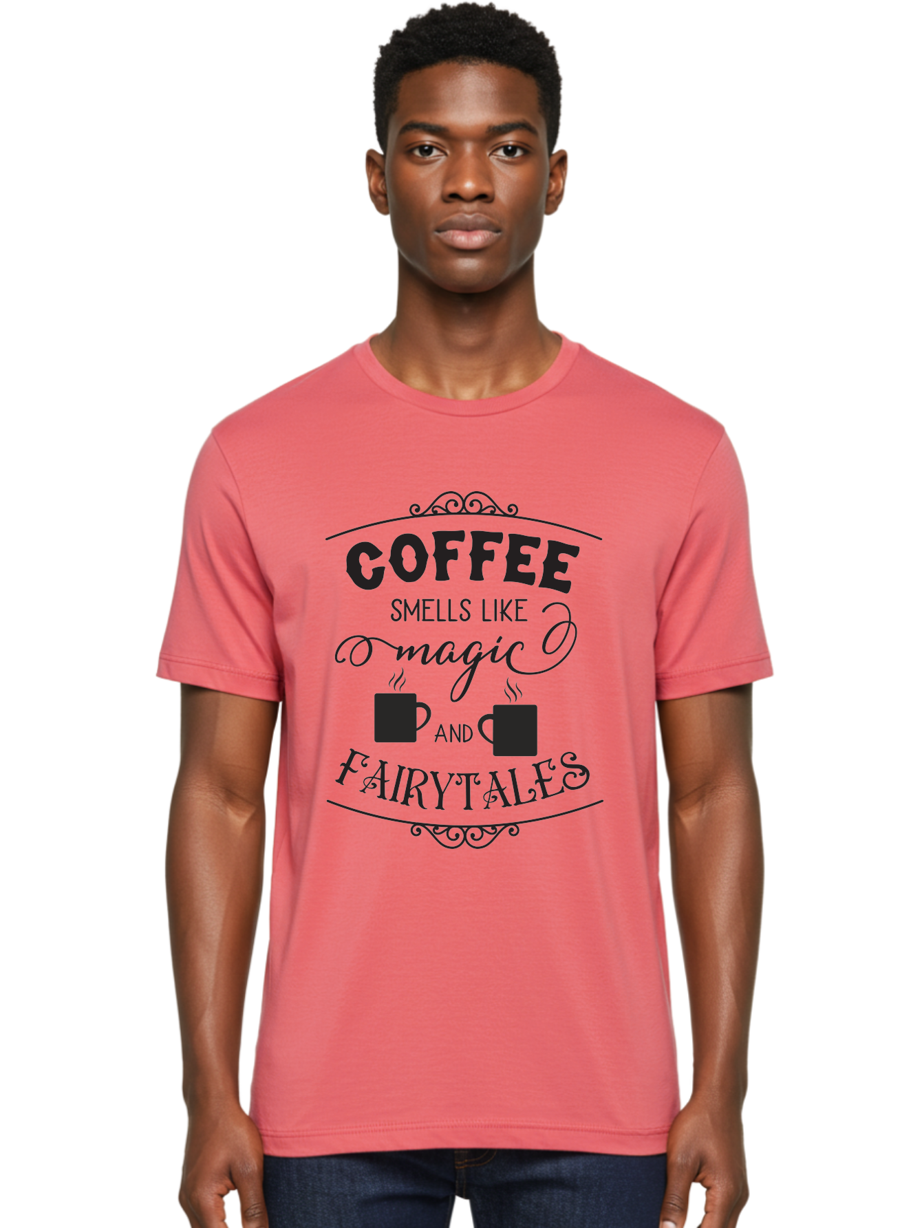 Coffee-Smells-Like-Magic-And-Fairytales Men'S Graphic Tee, 100% Cotton, Comfortable Casual Summer Wear, Machine Washable, Coffee Quote, Coffee Saying, Magic And Fairytale, Coffee Lovers, Whimsical Design, Steaming Coffee Cups, Aac605 12