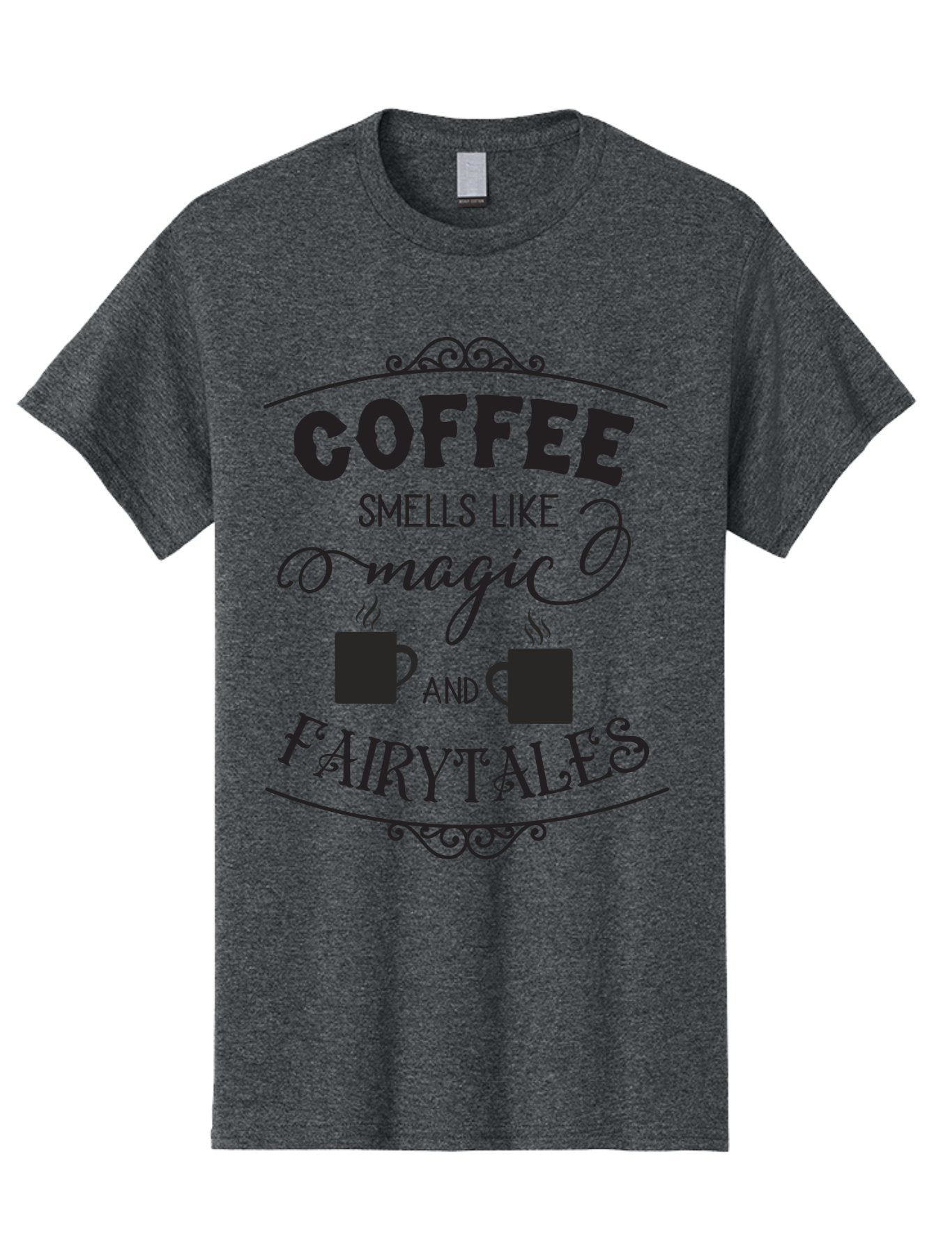 Coffee-Smells-Like-Magic-And-Fairytales Men'S Graphic Tee, 100% Cotton, Comfortable Casual Summer Wear, Machine Washable, Coffee Quote, Coffee Saying, Magic And Fairytale, Coffee Lovers, Whimsical Design, Steaming Coffee Cups, Aac605 4