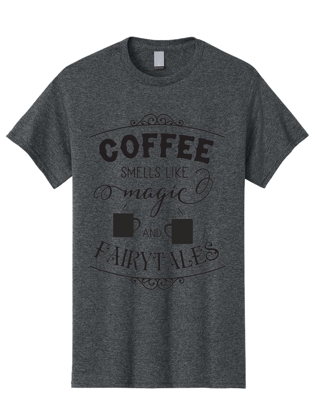 Coffee-Smells-Like-Magic-And-Fairytales Men'S Graphic Tee, 100% Cotton, Comfortable Casual Summer Wear, Machine Washable, Coffee Quote, Coffee Saying, Magic And Fairytale, Coffee Lovers, Whimsical Design, Steaming Coffee Cups, Aac605 23