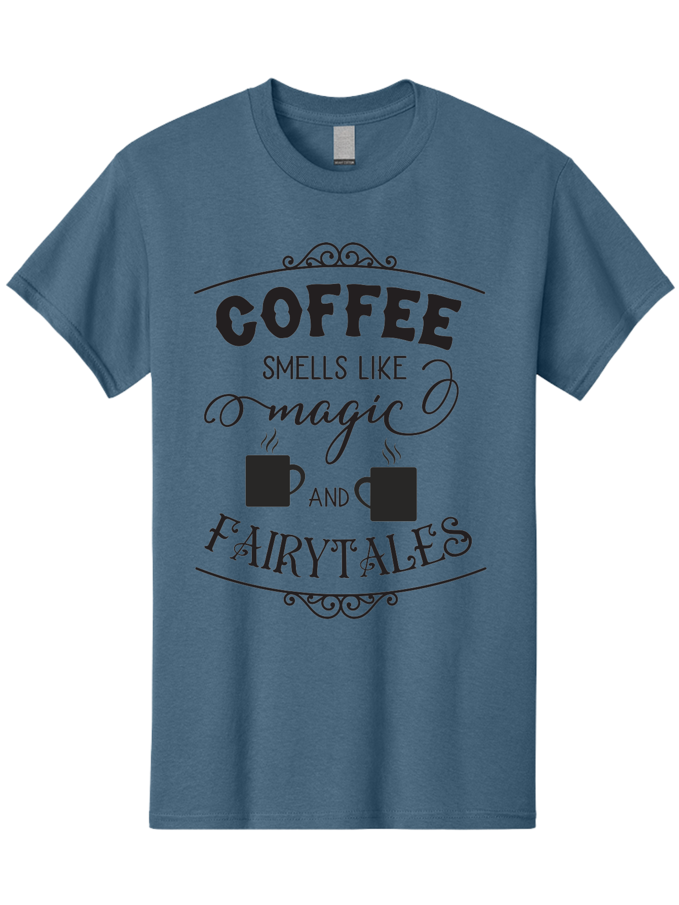 Coffee-Smells-Like-Magic-And-Fairytales Men'S Graphic Tee, 100% Cotton, Comfortable Casual Summer Wear, Machine Washable, Coffee Quote, Coffee Saying, Magic And Fairytale, Coffee Lovers, Whimsical Design, Steaming Coffee Cups, Aac605 13