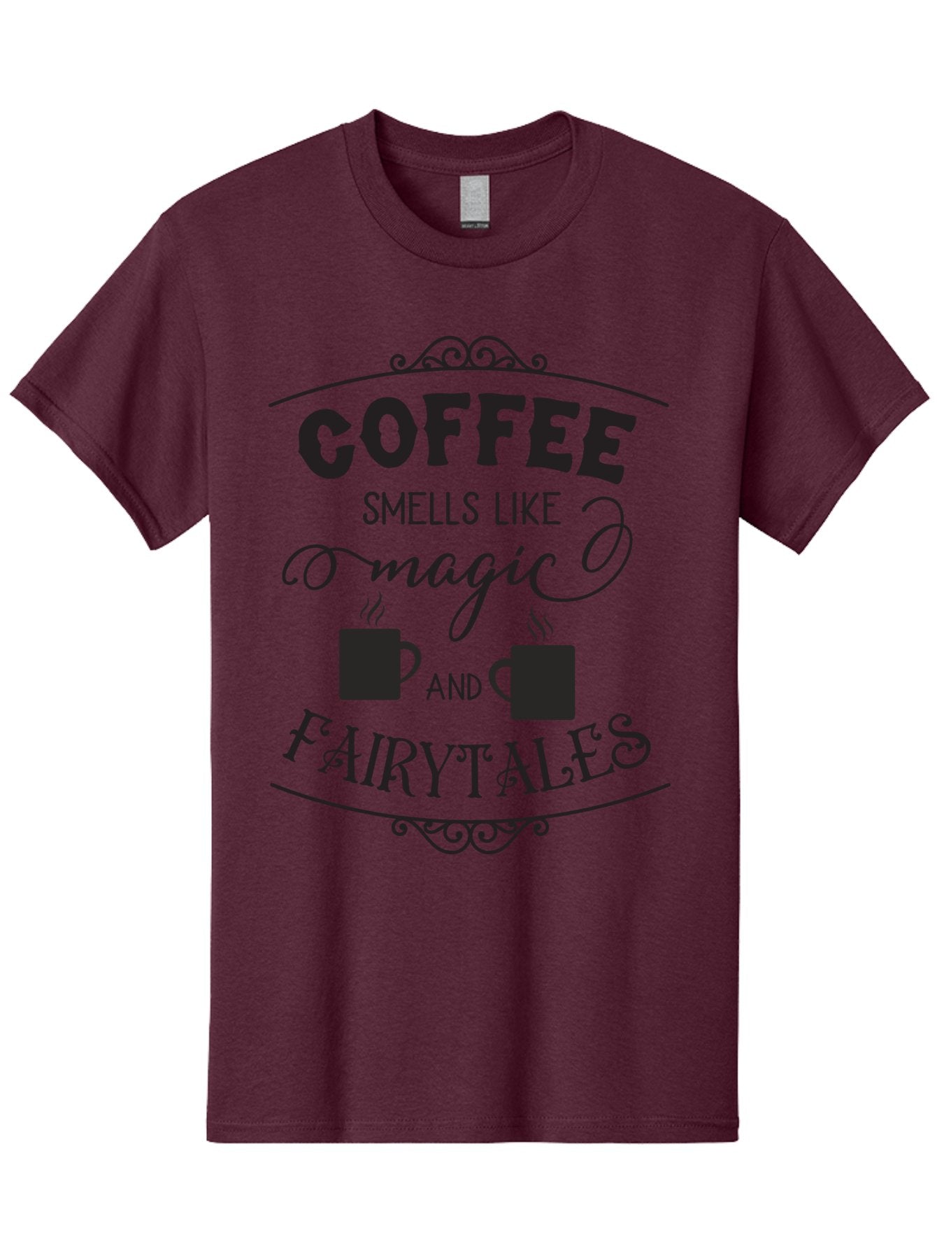 Coffee-Smells-Like-Magic-And-Fairytales Men'S Graphic Tee, 100% Cotton, Comfortable Casual Summer Wear, Machine Washable, Coffee Quote, Coffee Saying, Magic And Fairytale, Coffee Lovers, Whimsical Design, Steaming Coffee Cups, Aac605 3
