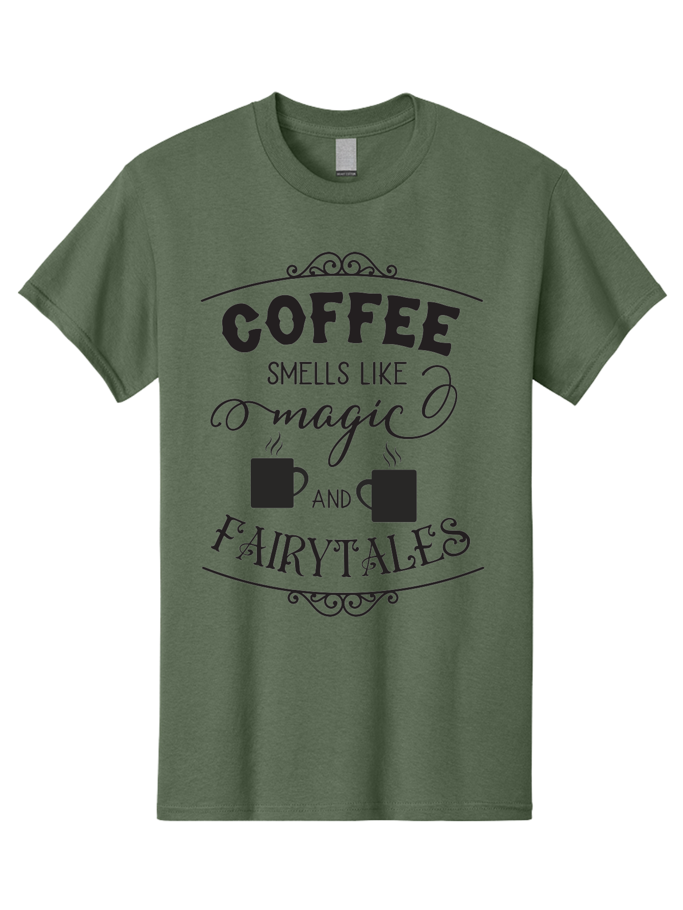 Coffee-Smells-Like-Magic-And-Fairytales Men'S Graphic Tee, 100% Cotton, Comfortable Casual Summer Wear, Machine Washable, Coffee Quote, Coffee Saying, Magic And Fairytale, Coffee Lovers, Whimsical Design, Steaming Coffee Cups, Aac605 27
