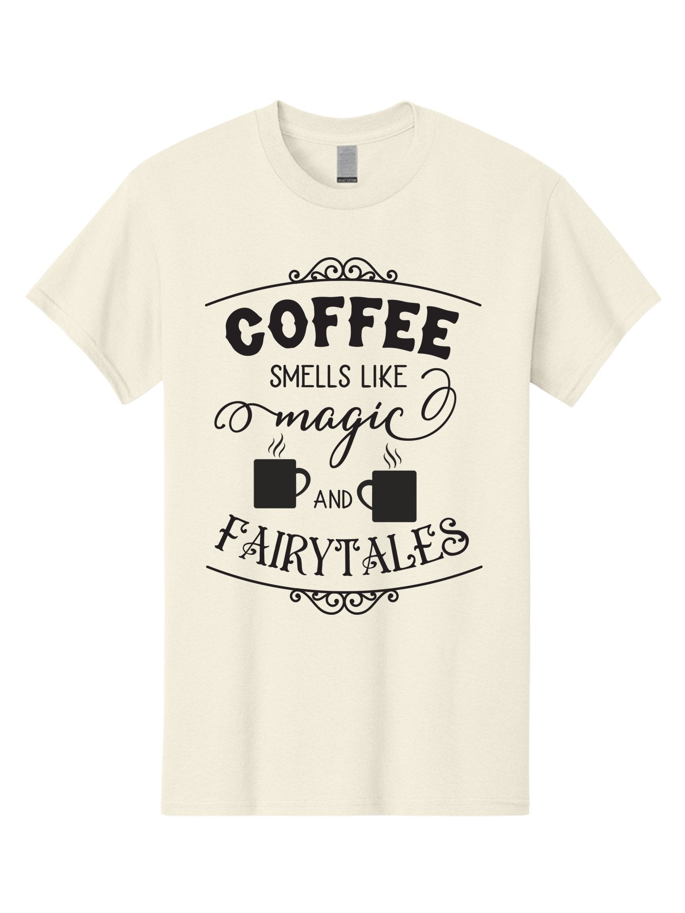 Coffee-Smells-Like-Magic-And-Fairytales Men'S Graphic Tee, 100% Cotton, Comfortable Casual Summer Wear, Machine Washable, Coffee Quote, Coffee Saying, Magic And Fairytale, Coffee Lovers, Whimsical Design, Steaming Coffee Cups, Aac605