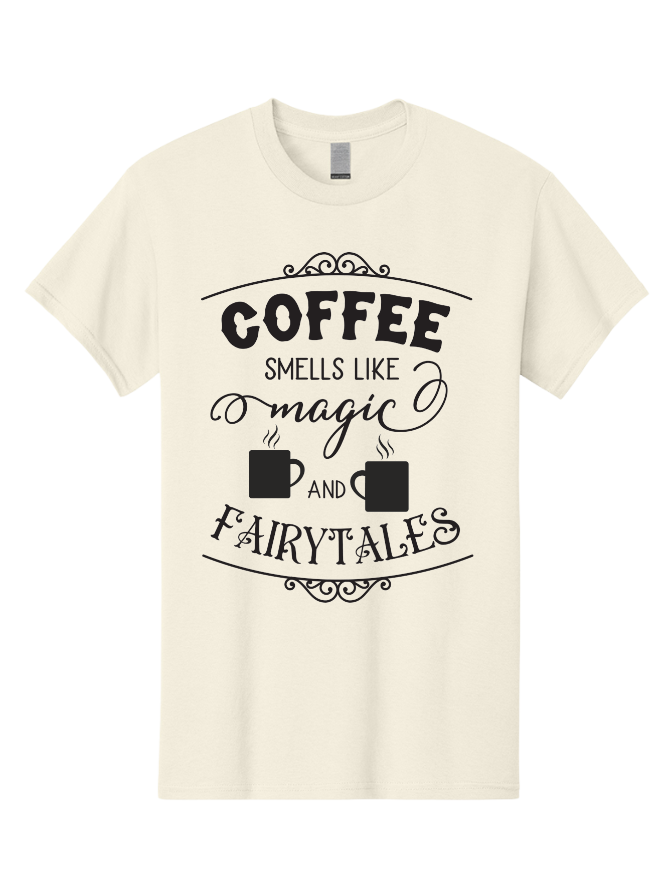 Coffee-Smells-Like-Magic-And-Fairytales Men'S Graphic Tee, 100% Cotton, Comfortable Casual Summer Wear, Machine Washable, Coffee Quote, Coffee Saying, Magic And Fairytale, Coffee Lovers, Whimsical Design, Steaming Coffee Cups, Aac605 19