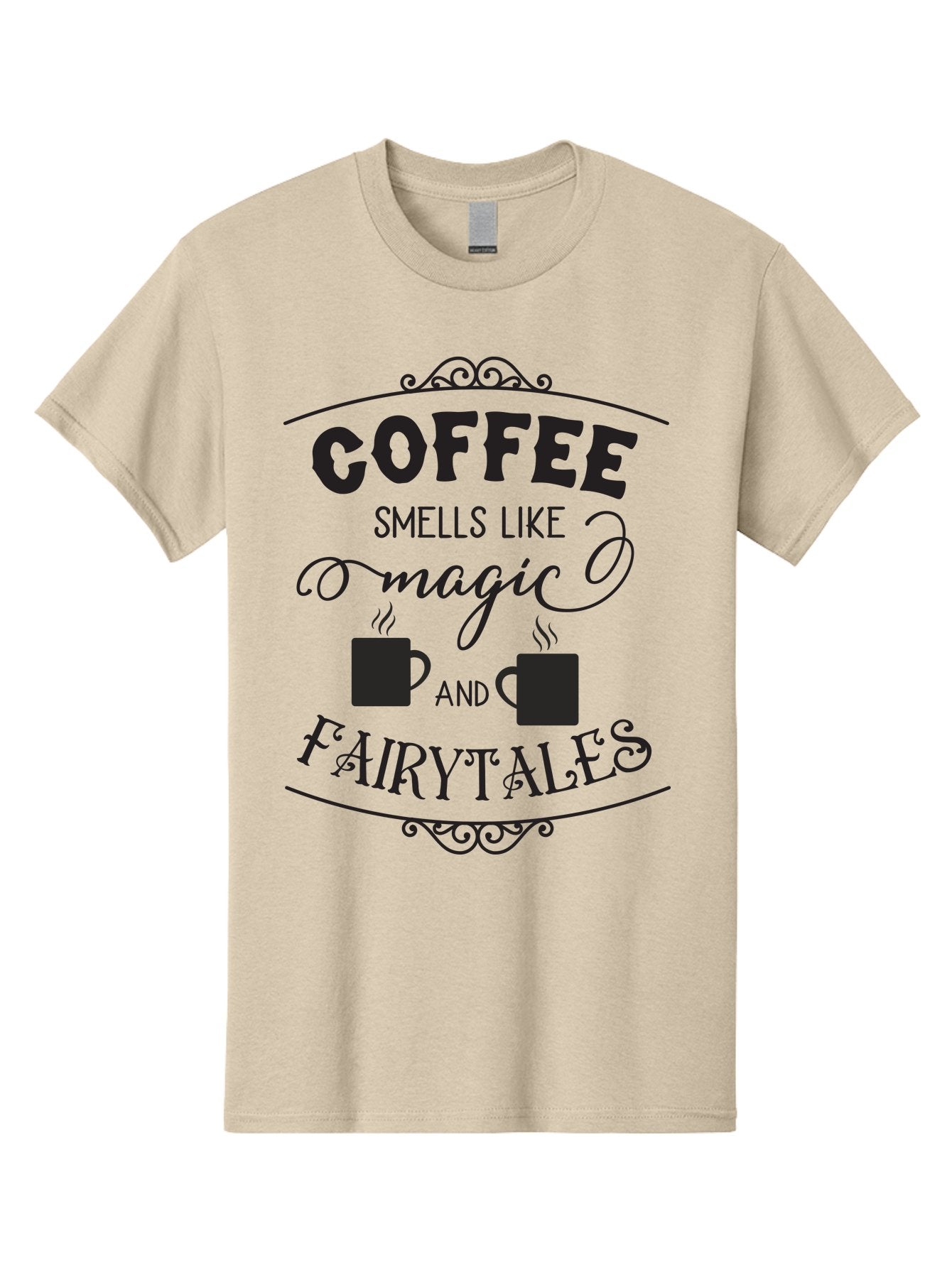Coffee-Smells-Like-Magic-And-Fairytales Men'S Graphic Tee, 100% Cotton, Comfortable Casual Summer Wear, Machine Washable, Coffee Quote, Coffee Saying, Magic And Fairytale, Coffee Lovers, Whimsical Design, Steaming Coffee Cups, Aac605 11