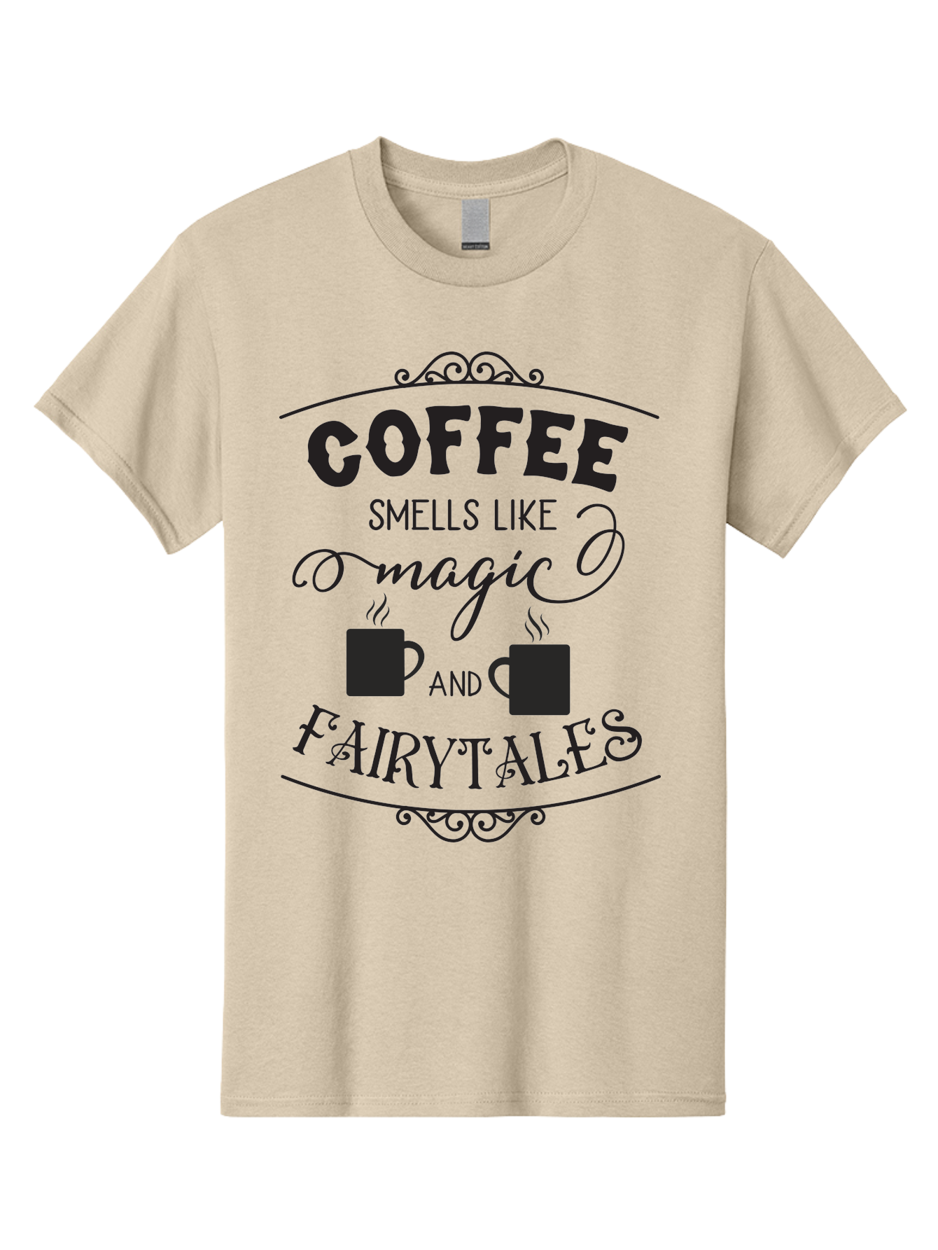 Coffee-Smells-Like-Magic-And-Fairytales Men'S Graphic Tee, 100% Cotton, Comfortable Casual Summer Wear, Machine Washable, Coffee Quote, Coffee Saying, Magic And Fairytale, Coffee Lovers, Whimsical Design, Steaming Coffee Cups, Aac605 7