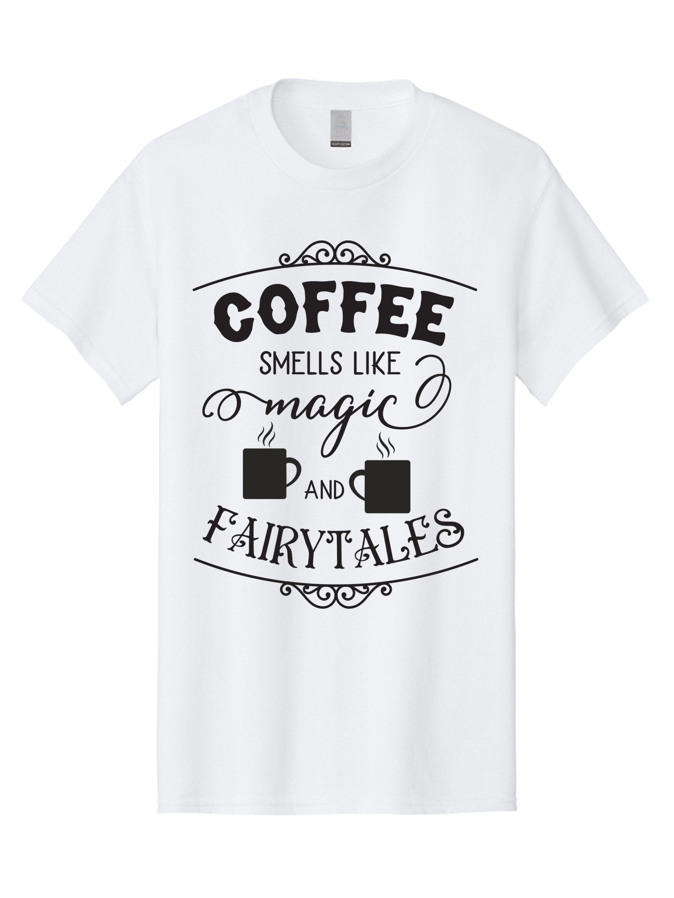 Coffee-Smells-Like-Magic-And-Fairytales Men'S Graphic Tee, 100% Cotton, Comfortable Casual Summer Wear, Machine Washable, Coffee Quote, Coffee Saying, Magic And Fairytale, Coffee Lovers, Whimsical Design, Steaming Coffee Cups, Aac605 13