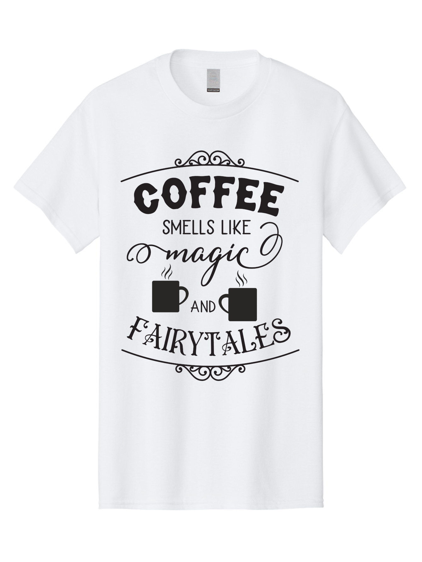 Coffee-Smells-Like-Magic-And-Fairytales Men'S Graphic Tee, 100% Cotton, Comfortable Casual Summer Wear, Machine Washable, Coffee Quote, Coffee Saying, Magic And Fairytale, Coffee Lovers, Whimsical Design, Steaming Coffee Cups, Aac605 29