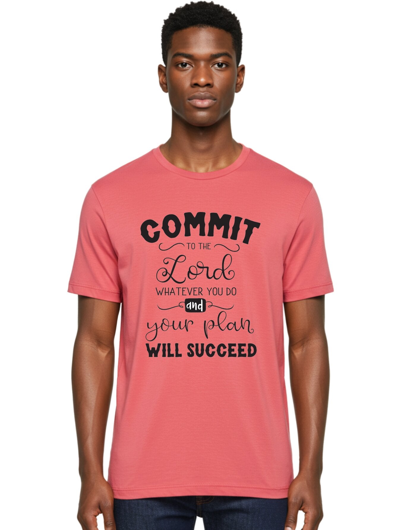 Commit-To-The-Lord Men'S Graphic Tee, 100% Cotton, Comfortable Casual Summer Wear, Machine Washable, Inspirational Quote, Motivational Message, Christian Faith, Success Mantra, Spiritual Guidance, Positive Affirmation, Faith And Success Aac606 26