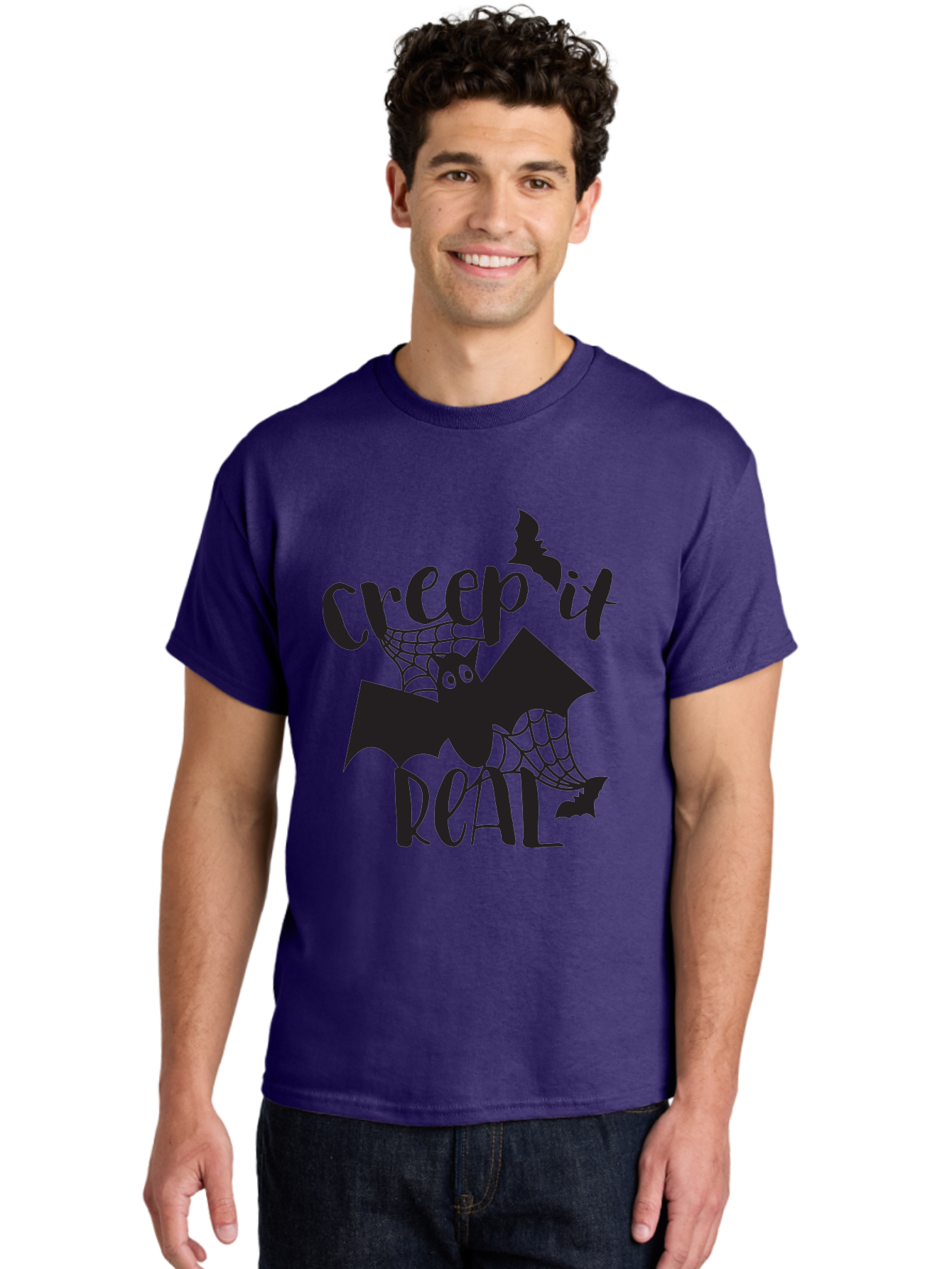 Creep-It-Real Men'S Graphic Tee, 100% Cotton, Comfortable Casual Summer Wear, Machine Washable, Halloween Graphics, Halloween Design, Creepy Bat, Spider Web, Halloween Theme, Spooky Atmosphere, Halloween Decoration, Creepy Eyes Aac614 4