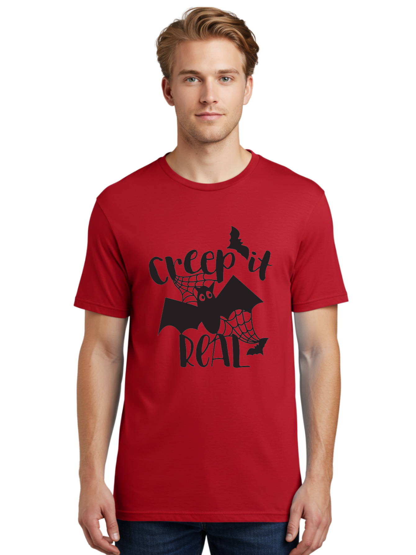 Creep-It-Real Men'S Graphic Tee, 100% Cotton, Comfortable Casual Summer Wear, Machine Washable, Halloween Graphics, Halloween Design, Creepy Bat, Spider Web, Halloween Theme, Spooky Atmosphere, Halloween Decoration, Creepy Eyes Aac614 24