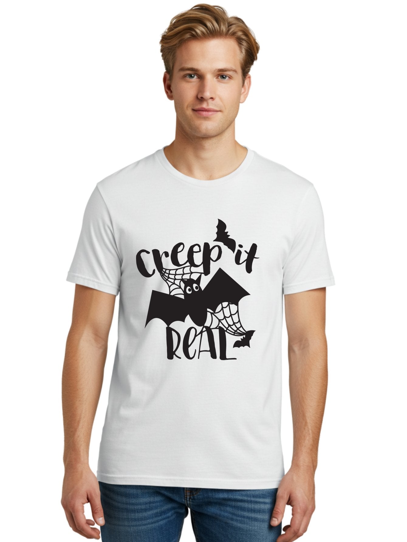 Creep-It-Real Men'S Graphic Tee, 100% Cotton, Comfortable Casual Summer Wear, Machine Washable, Halloween Graphics, Halloween Design, Creepy Bat, Spider Web, Halloween Theme, Spooky Atmosphere, Halloween Decoration, Creepy Eyes Aac614 27