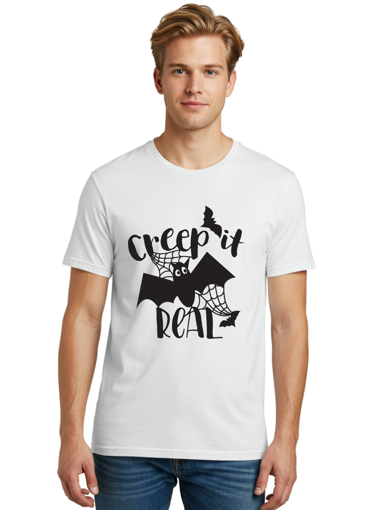 Creep-It-Real Men'S Graphic Tee, 100% Cotton, Comfortable Casual Summer Wear, Machine Washable, Halloween Graphics, Halloween Design, Creepy Bat, Spider Web, Halloween Theme, Spooky Atmosphere, Halloween Decoration, Creepy Eyes Aac614 8