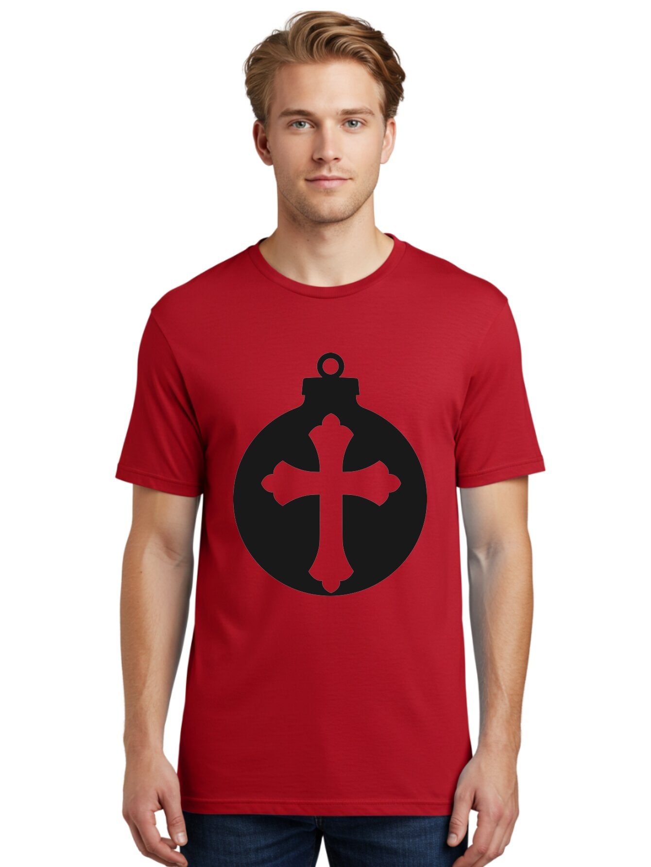 Cross-Ornament Men'S Graphic Tee, 100% Cotton, Comfortable Casual Summer Wear, Machine Washable, Christian Ornament, Cross Decoration, Holiday Symbol, Christmas Decoration, Faith Representation, Religious Icon, Symbolic Ornament Aac616 19