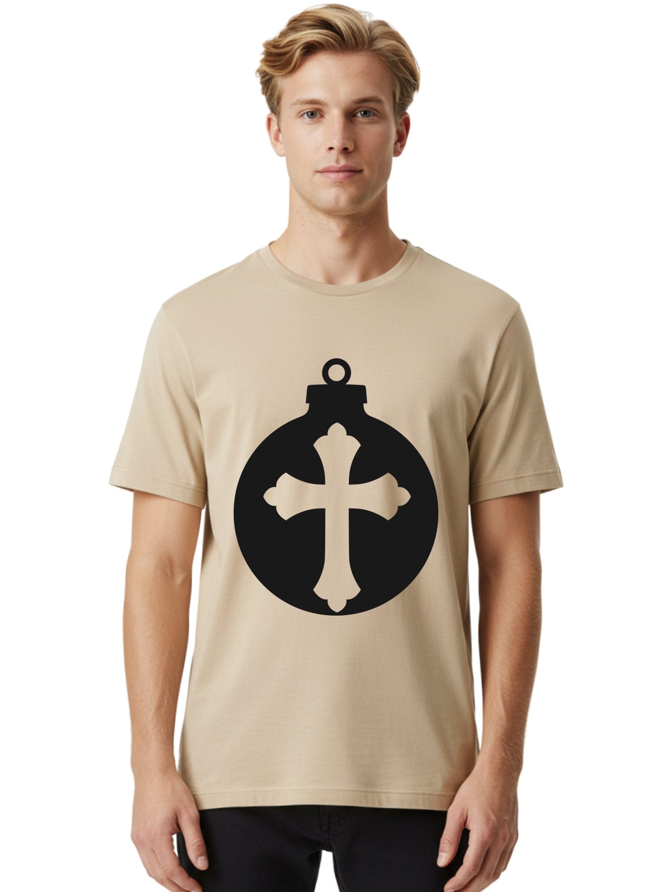 Cross-Ornament Men'S Graphic Tee, 100% Cotton, Comfortable Casual Summer Wear, Machine Washable, Christian Ornament, Cross Decoration, Holiday Symbol, Christmas Decoration, Faith Representation, Religious Icon, Symbolic Ornament Aac616 28