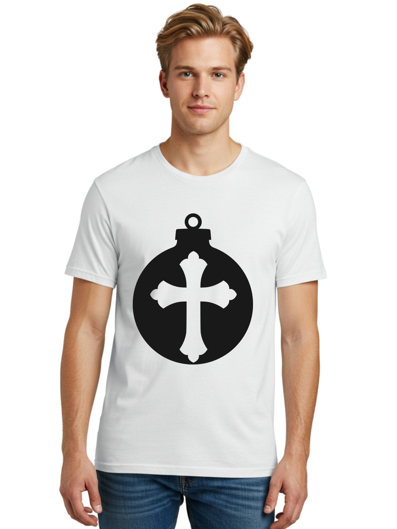 Cross-Ornament Men'S Graphic Tee, 100% Cotton, Comfortable Casual Summer Wear, Machine Washable, Christian Ornament, Cross Decoration, Holiday Symbol, Christmas Decoration, Faith Representation, Religious Icon, Symbolic Ornament Aac616 25