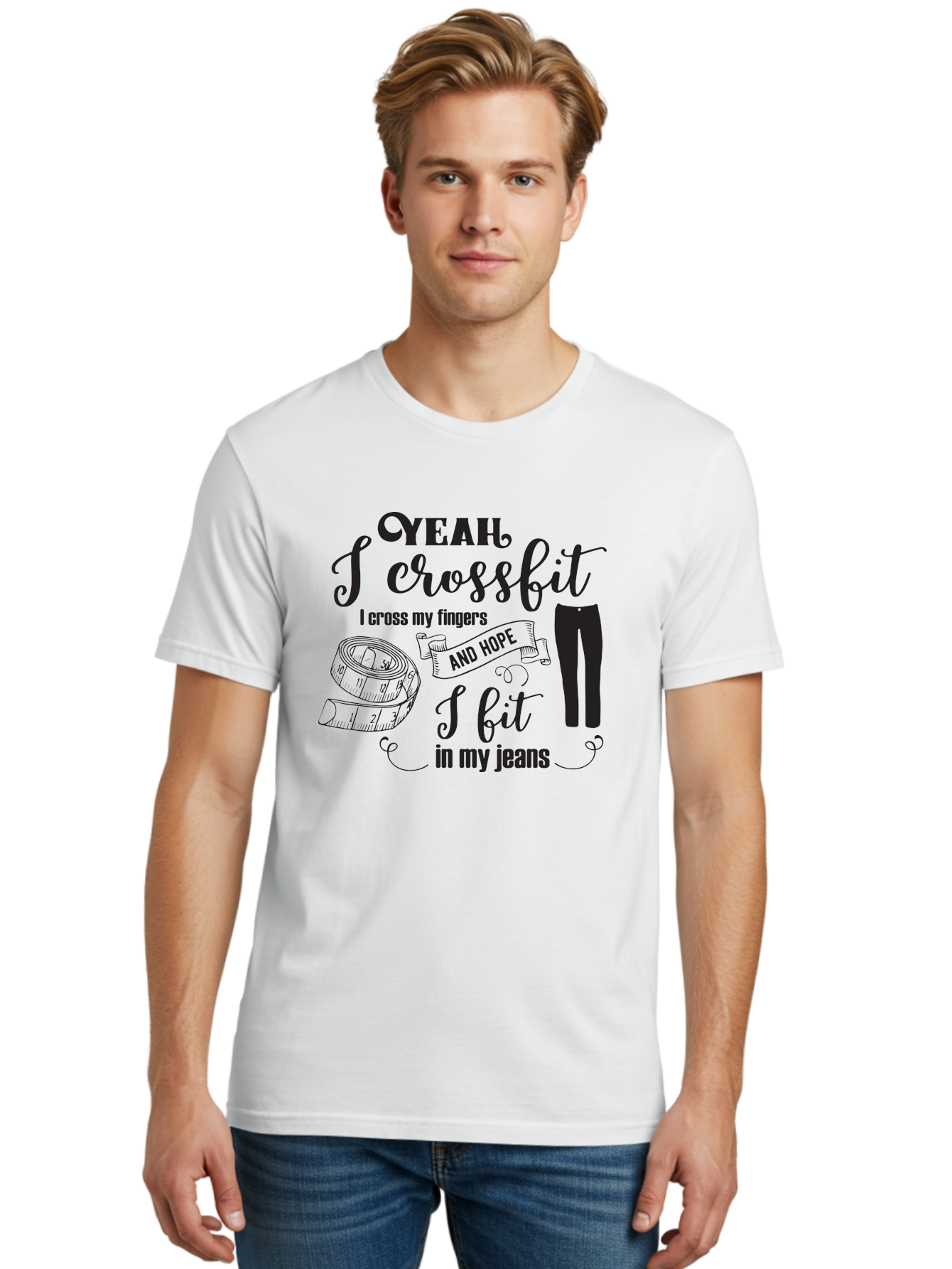 Crossfit-Jeans Men'S Graphic Tee, 100% Cotton, Comfortable Casual Summer Wear, Machine Washable, Crossfit Quote, Fitness Motivation, Weight Loss, Jeans, Measuring Tape, Funny Workout Saying, Gym Humor, Fitness Goals, Workout Inspiration Aac618 16