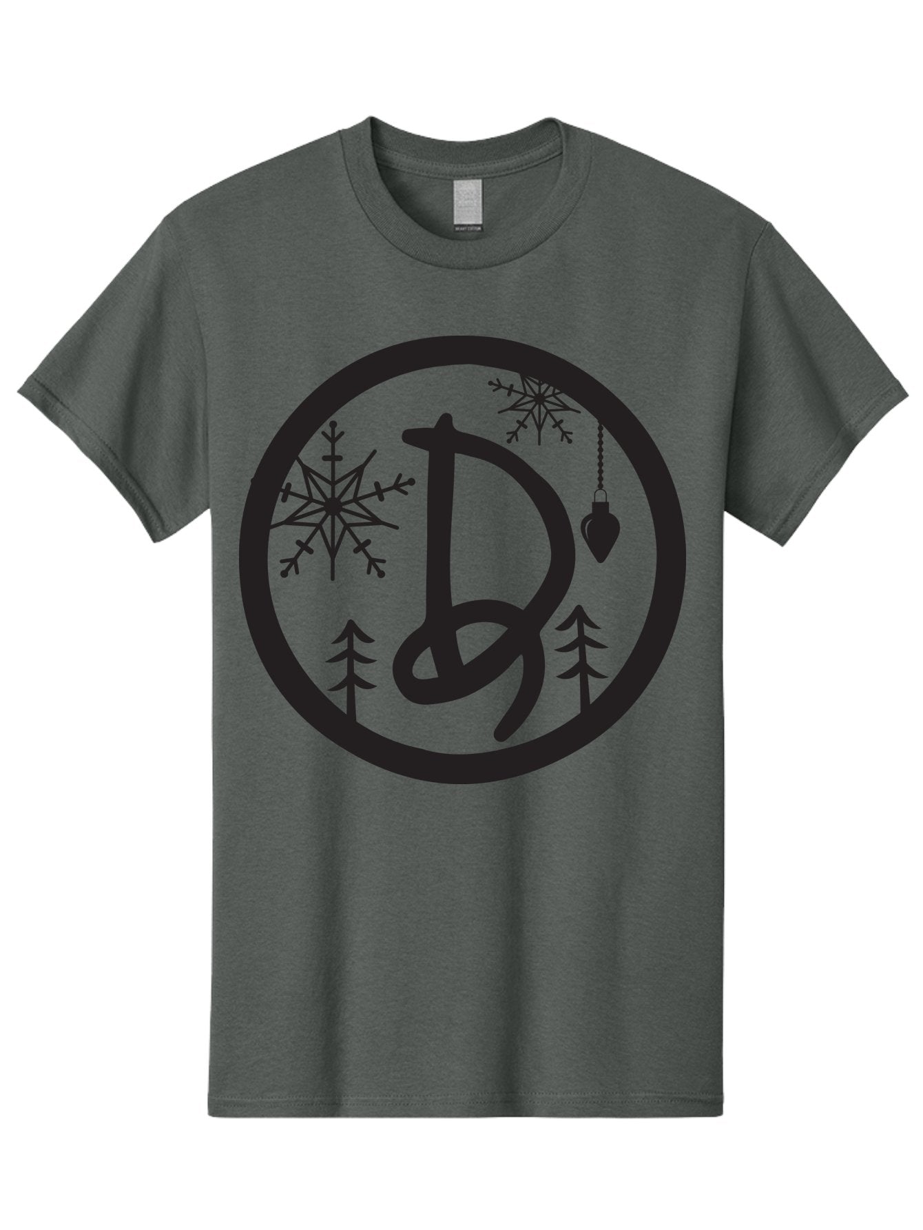 D Men'S Graphic Tee, 100% Cotton, Comfortable Casual Summer Wear, Machine Washable, Christmas Symbol, Letter D, Snowflakes, Pine Trees, Hanging Ornament, Festive Decorations, Winter Wonderland, Holiday Graphics, Christmas Theme Aac621