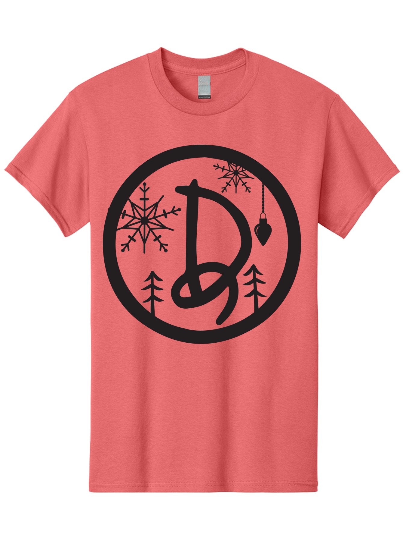 D Men'S Graphic Tee, 100% Cotton, Comfortable Casual Summer Wear, Machine Washable, Christmas Symbol, Letter D, Snowflakes, Pine Trees, Hanging Ornament, Festive Decorations, Winter Wonderland, Holiday Graphics, Christmas Theme Aac621 4
