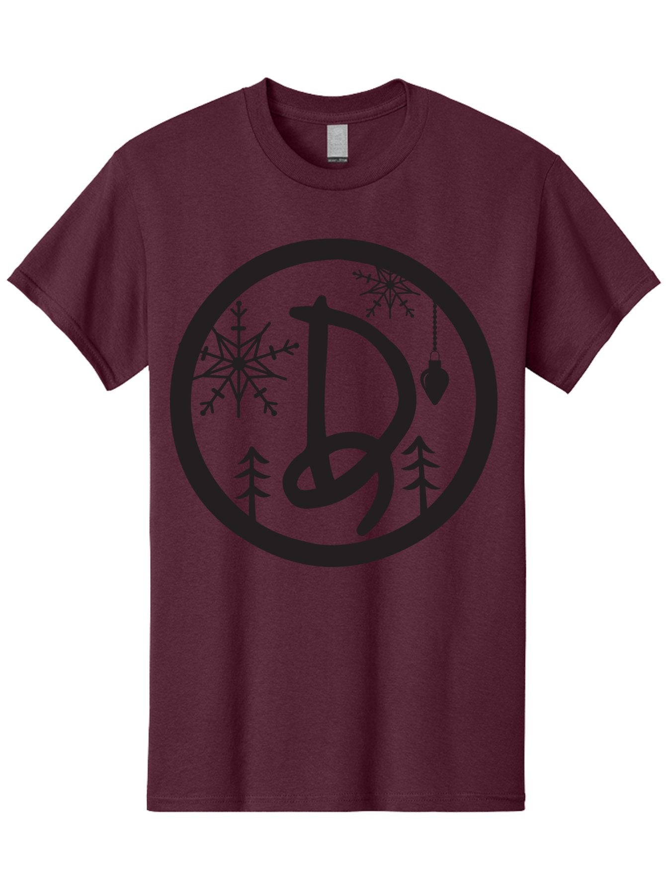 D Men'S Graphic Tee, 100% Cotton, Comfortable Casual Summer Wear, Machine Washable, Christmas Symbol, Letter D, Snowflakes, Pine Trees, Hanging Ornament, Festive Decorations, Winter Wonderland, Holiday Graphics, Christmas Theme Aac621 3