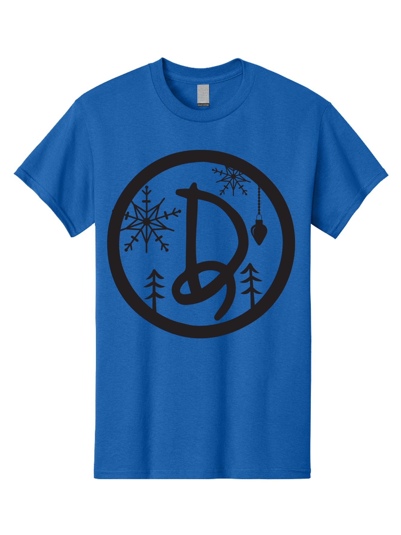 D Men'S Graphic Tee, 100% Cotton, Comfortable Casual Summer Wear, Machine Washable, Christmas Symbol, Letter D, Snowflakes, Pine Trees, Hanging Ornament, Festive Decorations, Winter Wonderland, Holiday Graphics, Christmas Theme Aac621