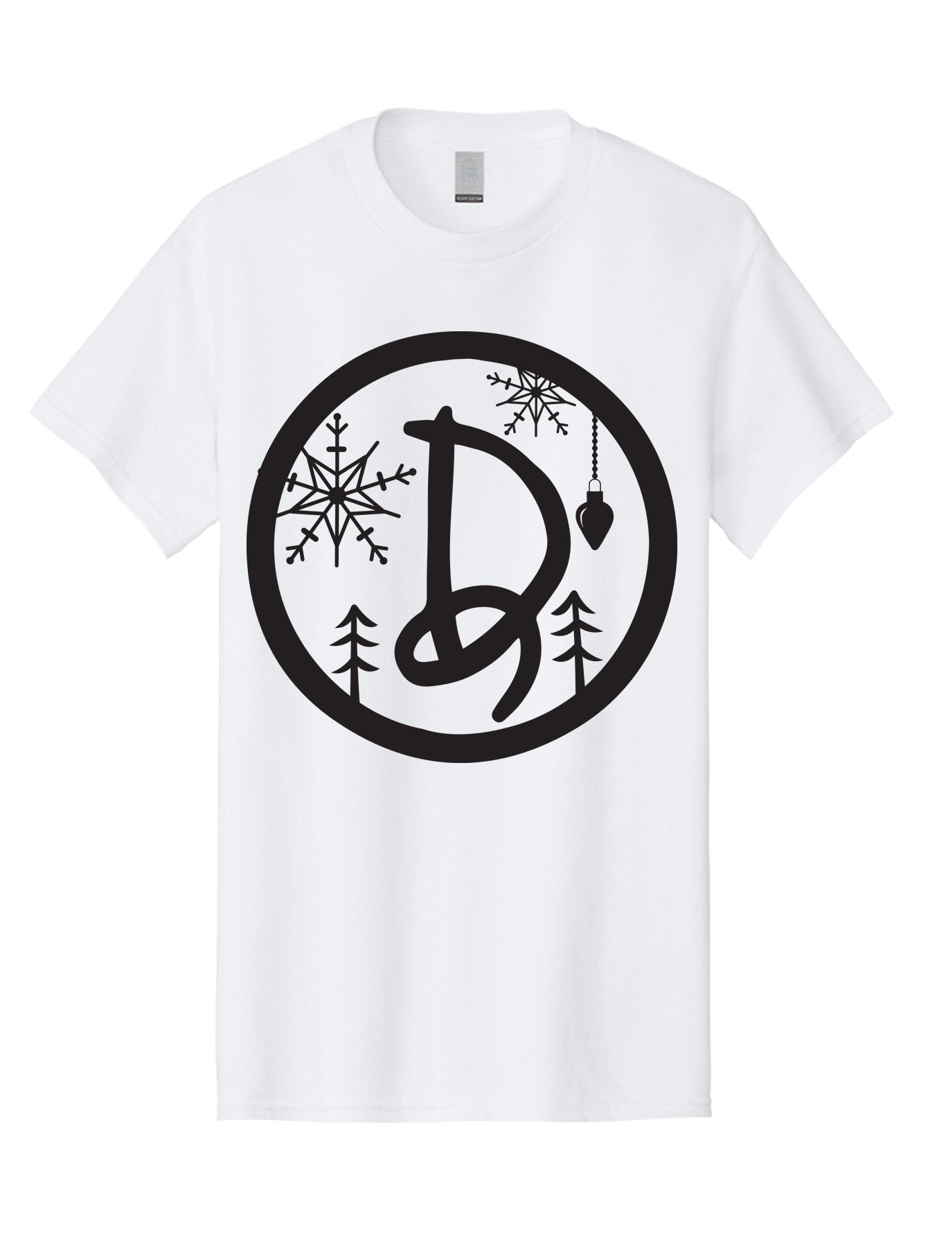 D Men'S Graphic Tee, 100% Cotton, Comfortable Casual Summer Wear, Machine Washable, Christmas Symbol, Letter D, Snowflakes, Pine Trees, Hanging Ornament, Festive Decorations, Winter Wonderland, Holiday Graphics, Christmas Theme Aac621 5