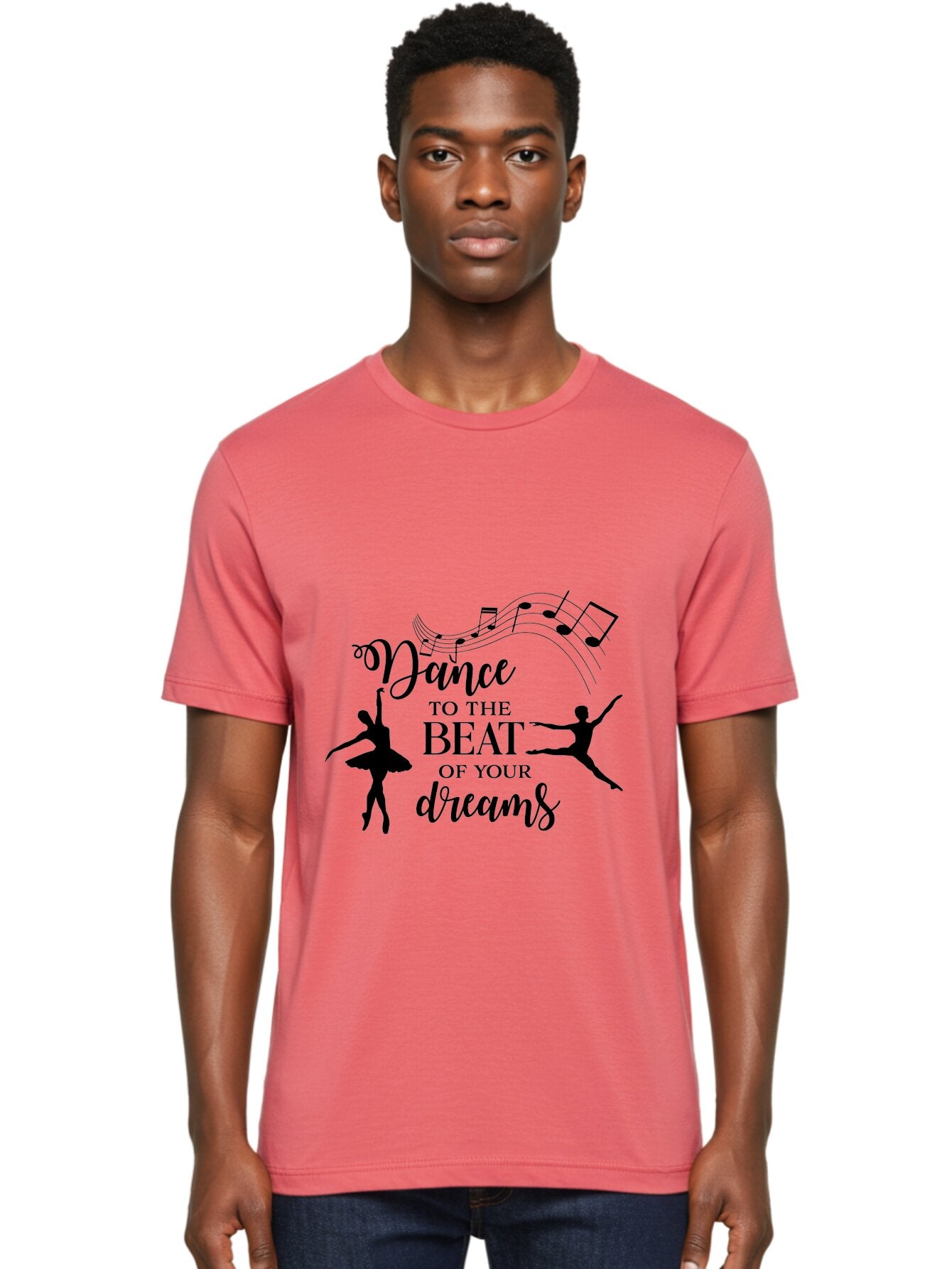 Dance-To-The-Beat-Of-Your-Dreams Men'S Graphic Tee, 100% Cotton, Comfortable Casual Summer Wear, Machine Washable, Dance Inspiration, Motivational Quote, Ballet Dancers, Rhythmic Movement, Dancing Silhouettes, Music Notes, Inspirational Words, Aac624 28