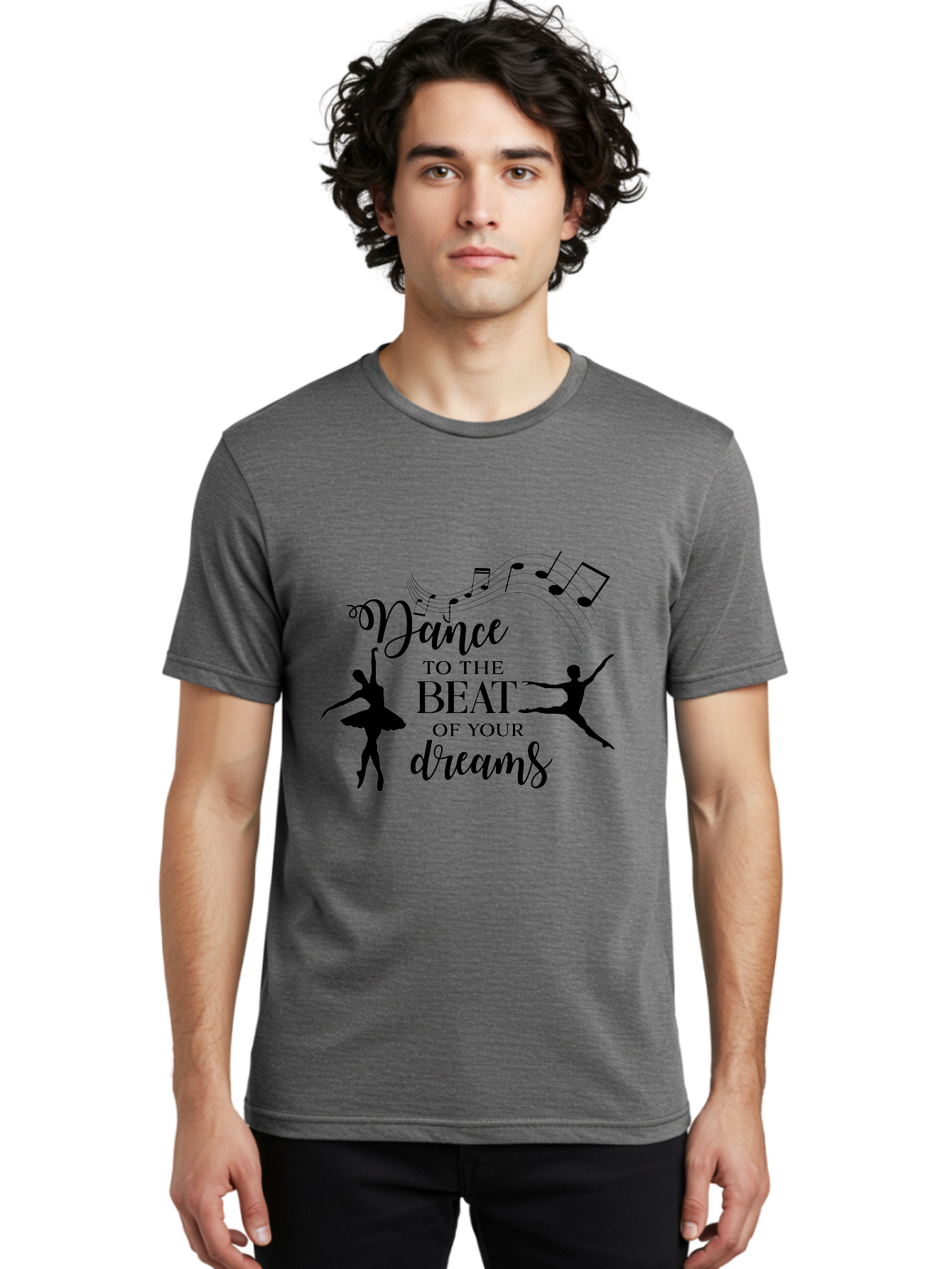 Dance-To-The-Beat-Of-Your-Dreams Men'S Graphic Tee, 100% Cotton, Comfortable Casual Summer Wear, Machine Washable, Dance Inspiration, Motivational Quote, Ballet Dancers, Rhythmic Movement, Dancing Silhouettes, Music Notes, Inspirational Words, Aac624