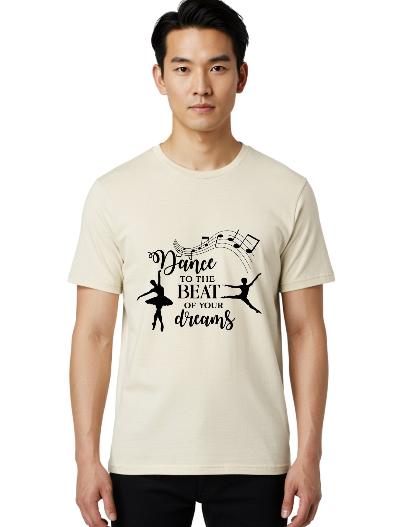 Dance-To-The-Beat-Of-Your-Dreams Men'S Graphic Tee, 100% Cotton, Comfortable Casual Summer Wear, Machine Washable, Dance Inspiration, Motivational Quote, Ballet Dancers, Rhythmic Movement, Dancing Silhouettes, Music Notes, Inspirational Words, Aac624 26