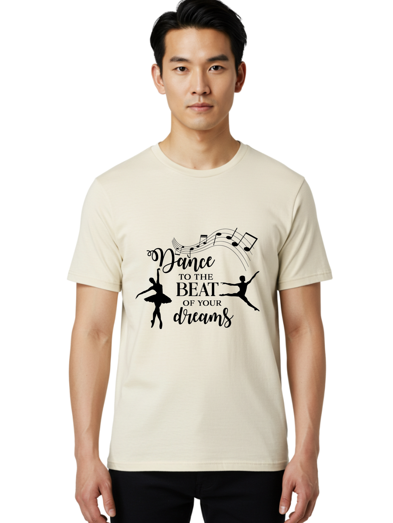 Dance-To-The-Beat-Of-Your-Dreams Men'S Graphic Tee, 100% Cotton, Comfortable Casual Summer Wear, Machine Washable, Dance Inspiration, Motivational Quote, Ballet Dancers, Rhythmic Movement, Dancing Silhouettes, Music Notes, Inspirational Words, Aac624 10
