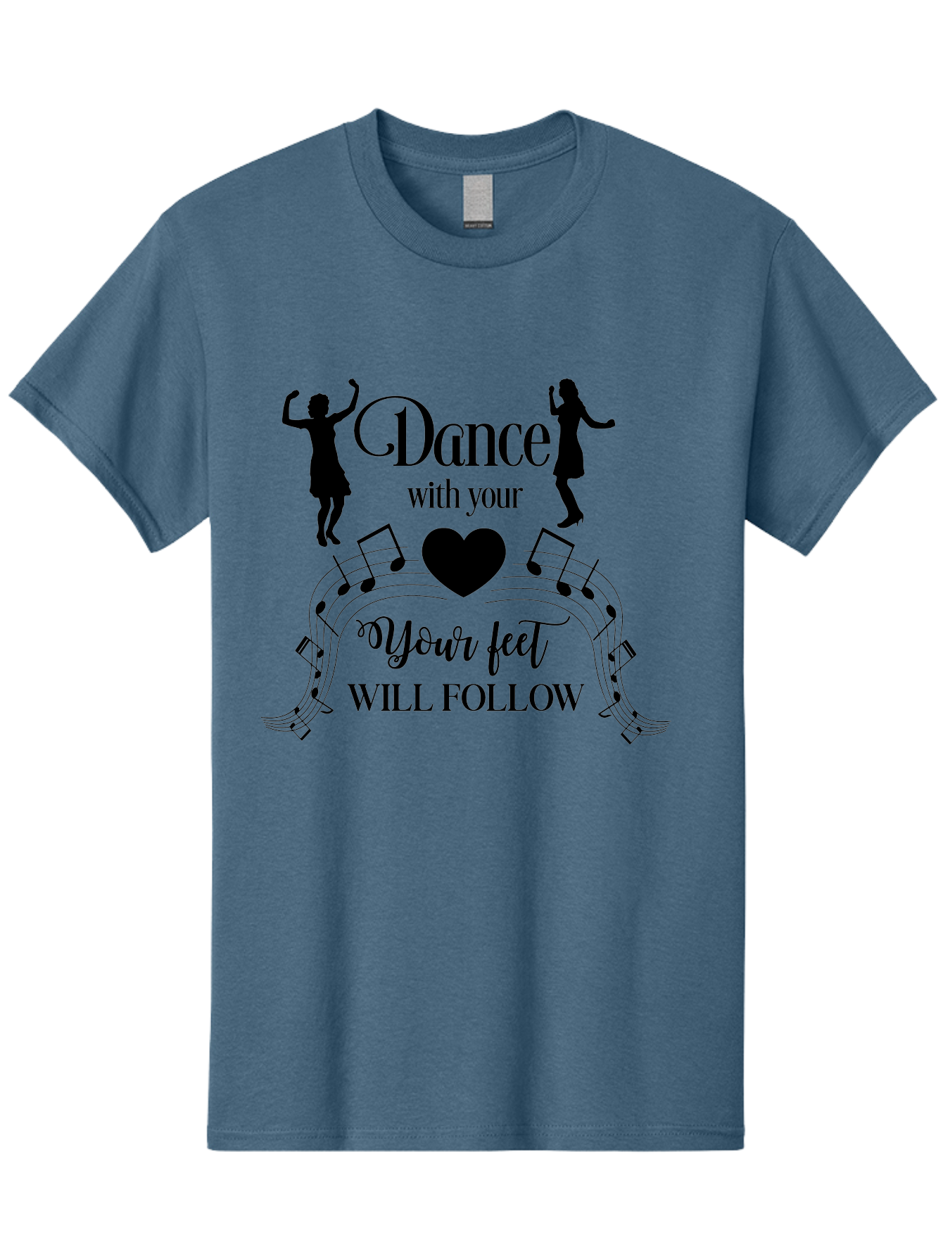 Dance-With-Your Men'S Graphic Tee, 100% Cotton, Comfortable Casual Summer Wear, Machine Washable, Dance Silhouettes, Dancing With Heart, Motivational Quote, Dance With Your Heart, Your Feet Will Follow, Musical Notes, Dancing Figures, Aac625 13