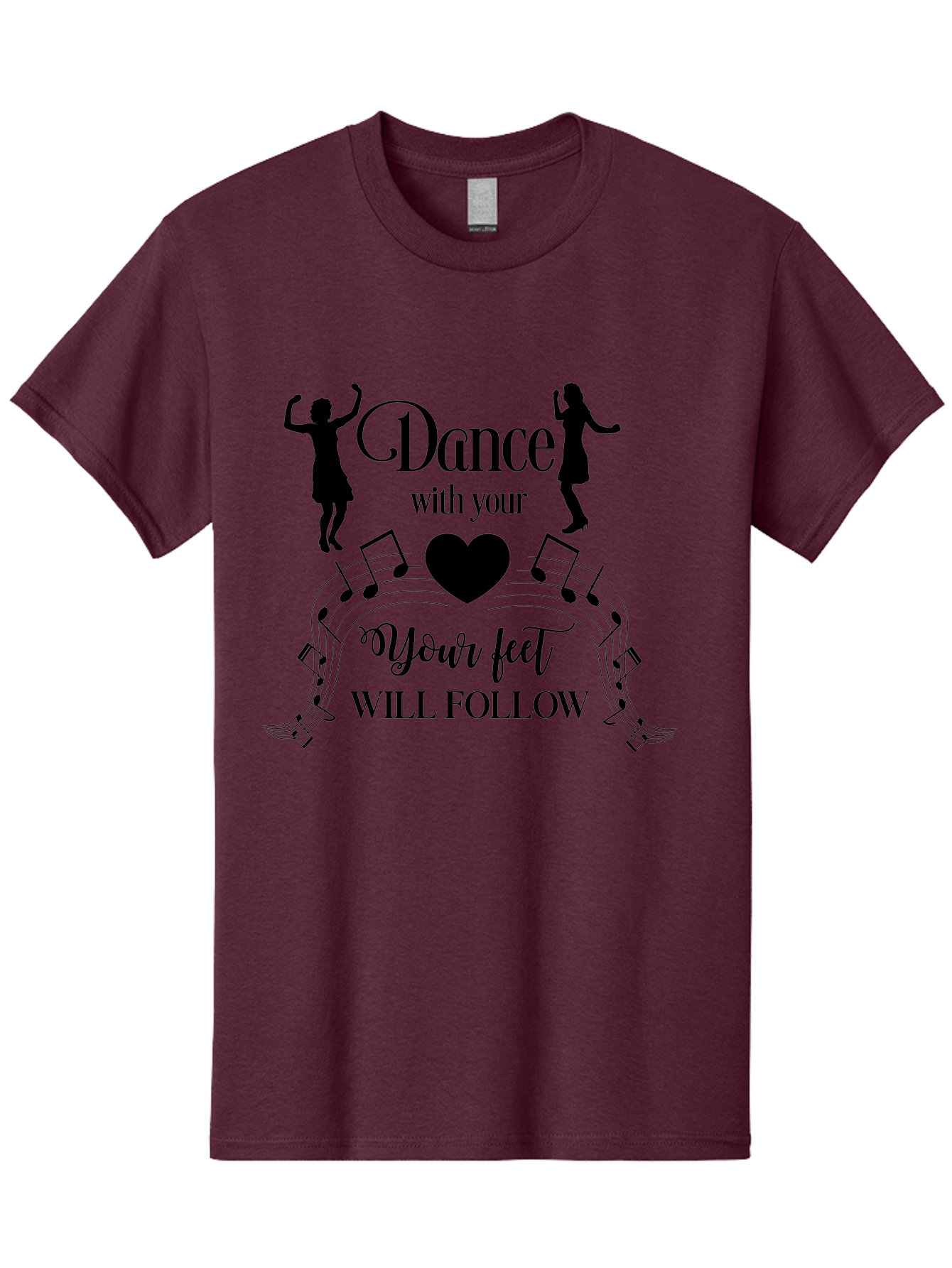 Dance-With-Your Men'S Graphic Tee, 100% Cotton, Comfortable Casual Summer Wear, Machine Washable, Dance Silhouettes, Dancing With Heart, Motivational Quote, Dance With Your Heart, Your Feet Will Follow, Musical Notes, Dancing Figures, Aac625 3