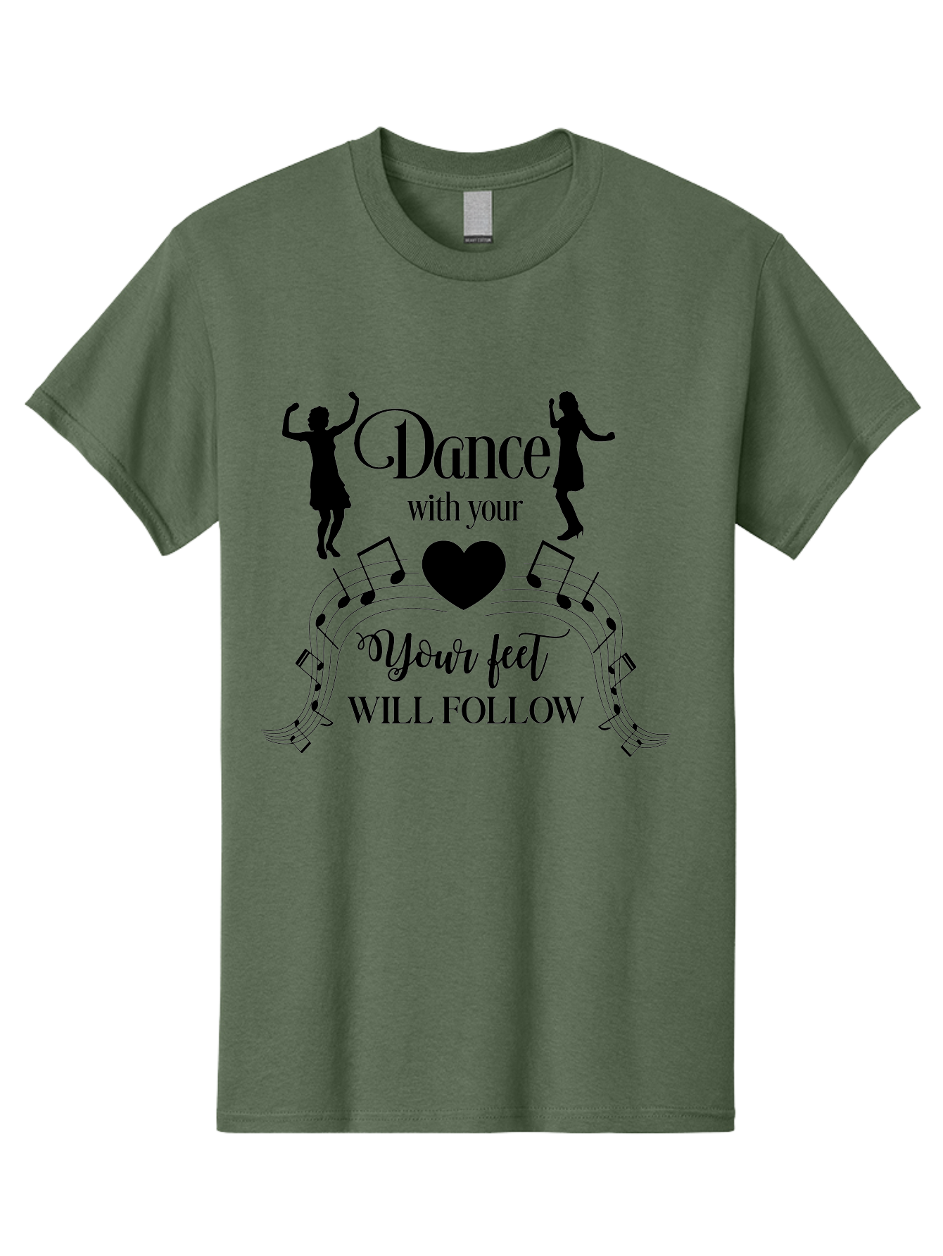 Dance-With-Your Men'S Graphic Tee, 100% Cotton, Comfortable Casual Summer Wear, Machine Washable, Dance Silhouettes, Dancing With Heart, Motivational Quote, Dance With Your Heart, Your Feet Will Follow, Musical Notes, Dancing Figures, Aac625 25